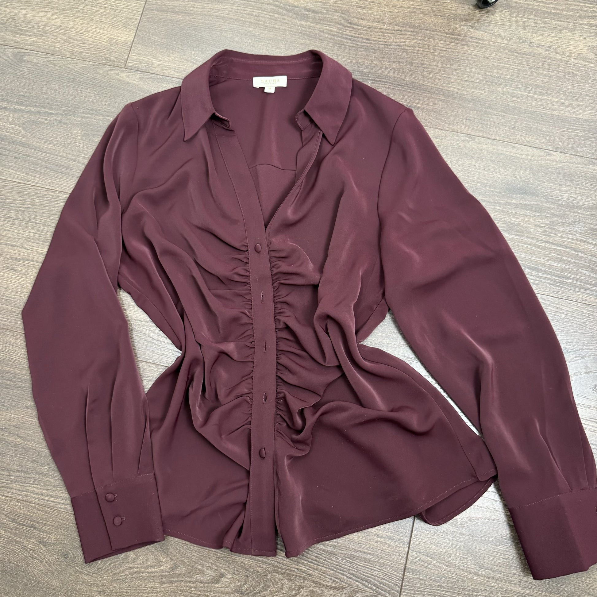 Burdgundy Satin Ruched Button Up Blouse – view 2