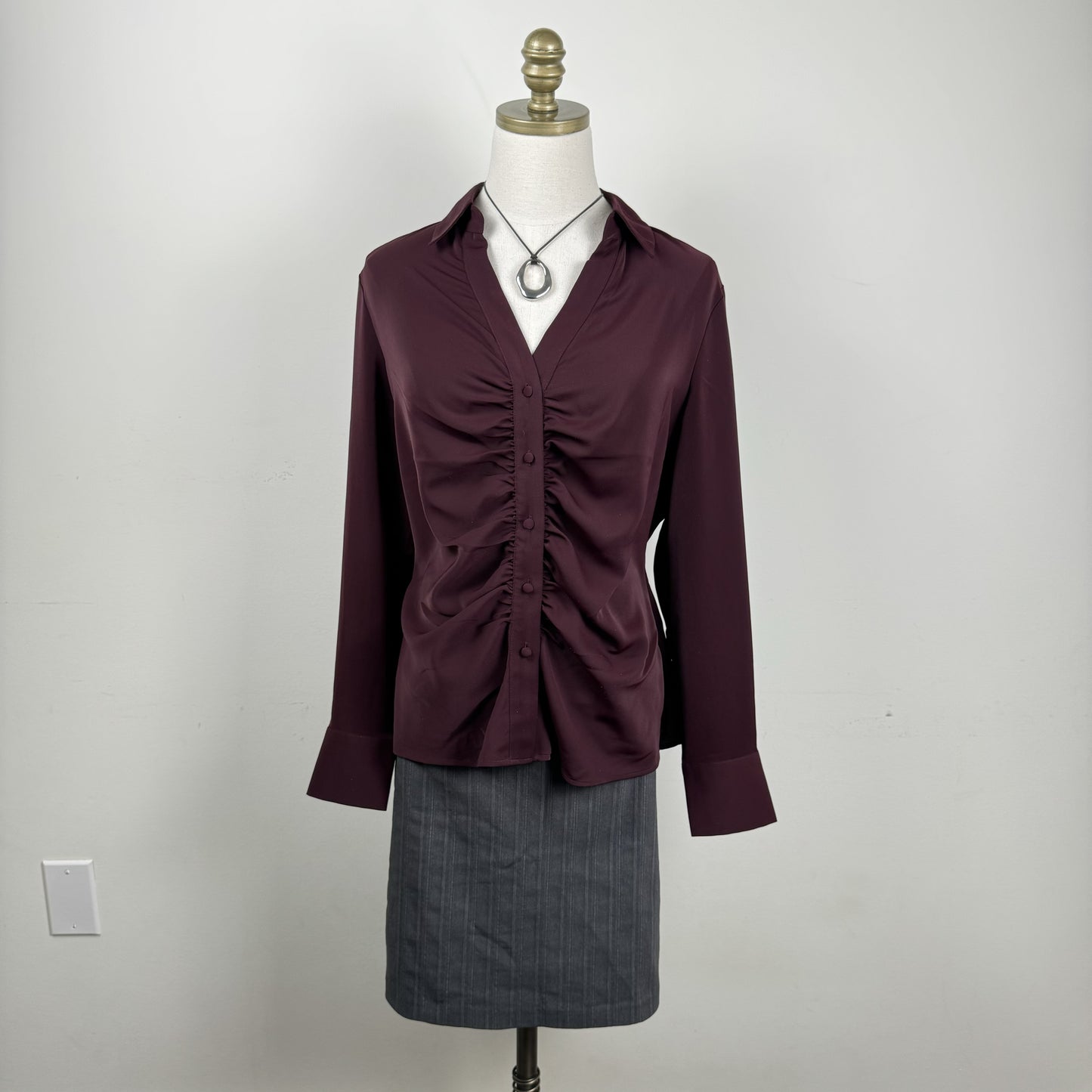 Burdgundy Satin Ruched Button Up Blouse – view 4
