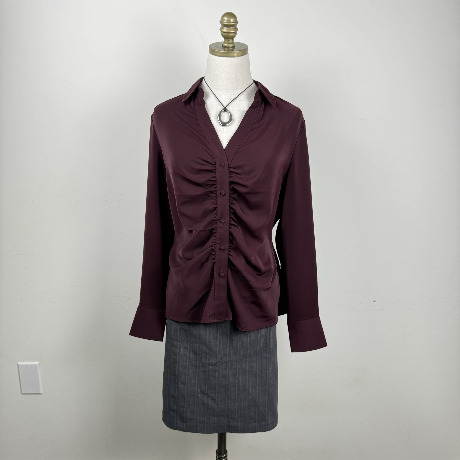 Burdgundy Satin Ruched Button Up Blouse – view 4