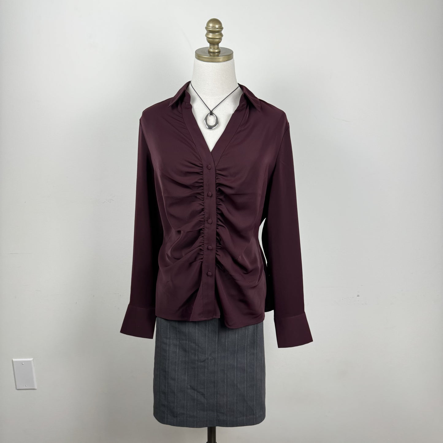 Burdgundy Satin Ruched Button Up Blouse – view 5