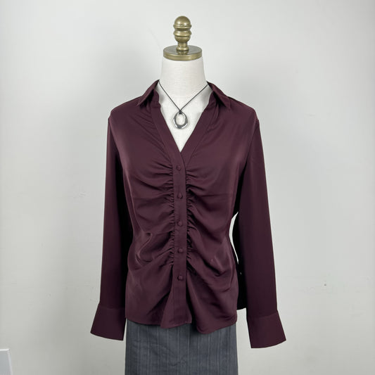 Burdgundy Satin Ruched Button Up Blouse – view 1