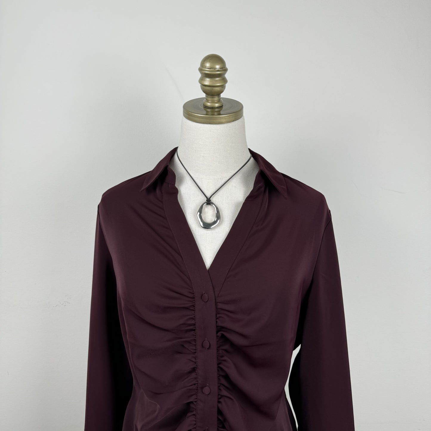 Burdgundy Satin Ruched Button Up Blouse – view 6