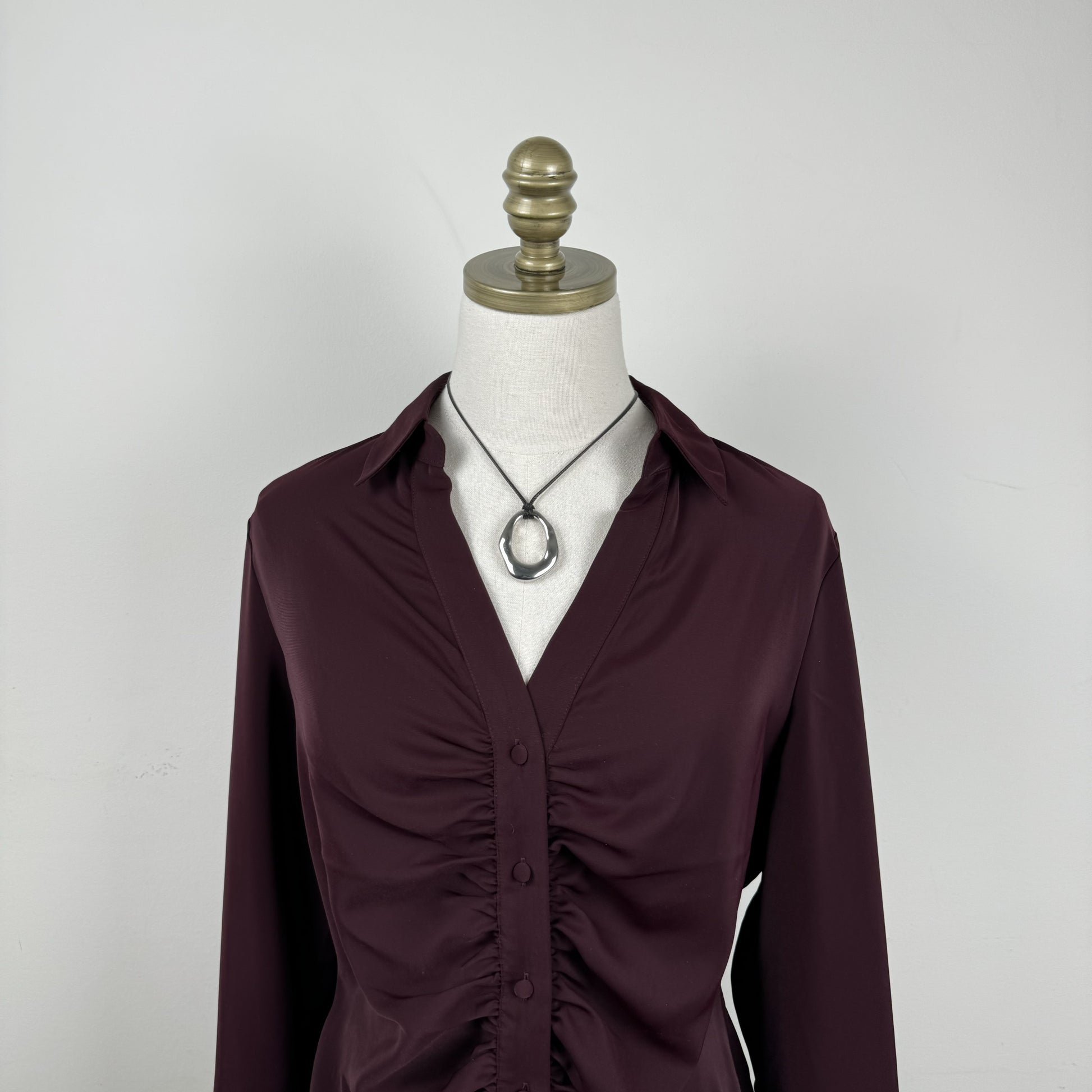 Burdgundy Satin Ruched Button Up Blouse – view 6