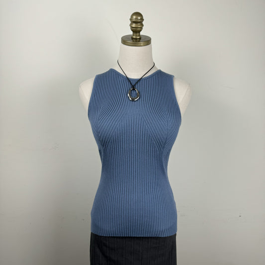 Blue Fitted Knit Sleeveless Top – view 3