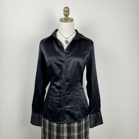 Black Satin Button Up Shirt – view 1