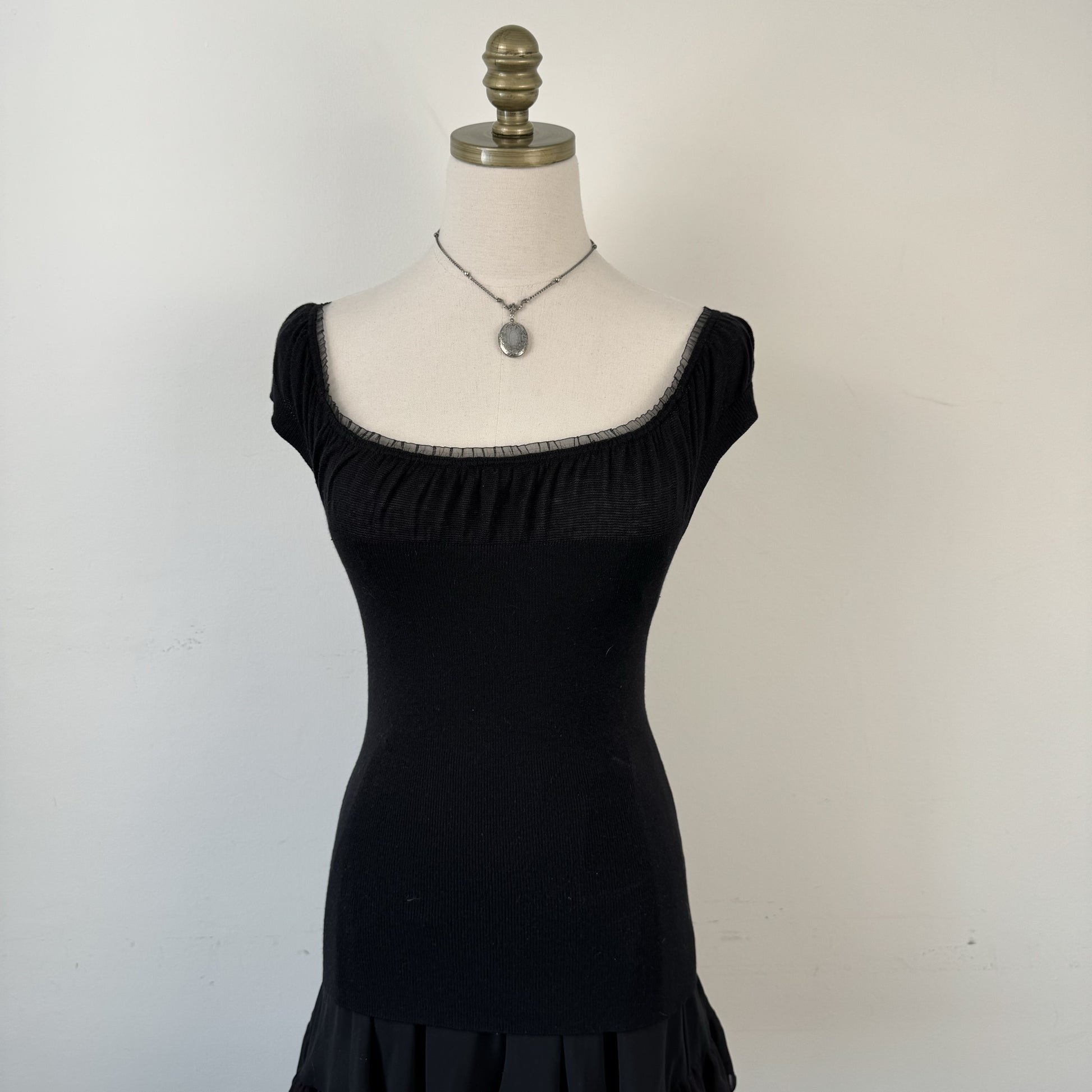 Black Mesh Trim Sweetheart Knit Top – view 3