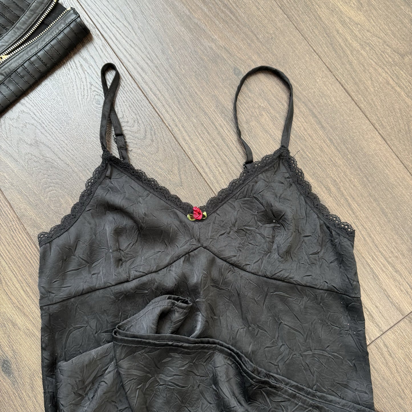 Y2K Black Satin Slip Dress with Rosette – view 10