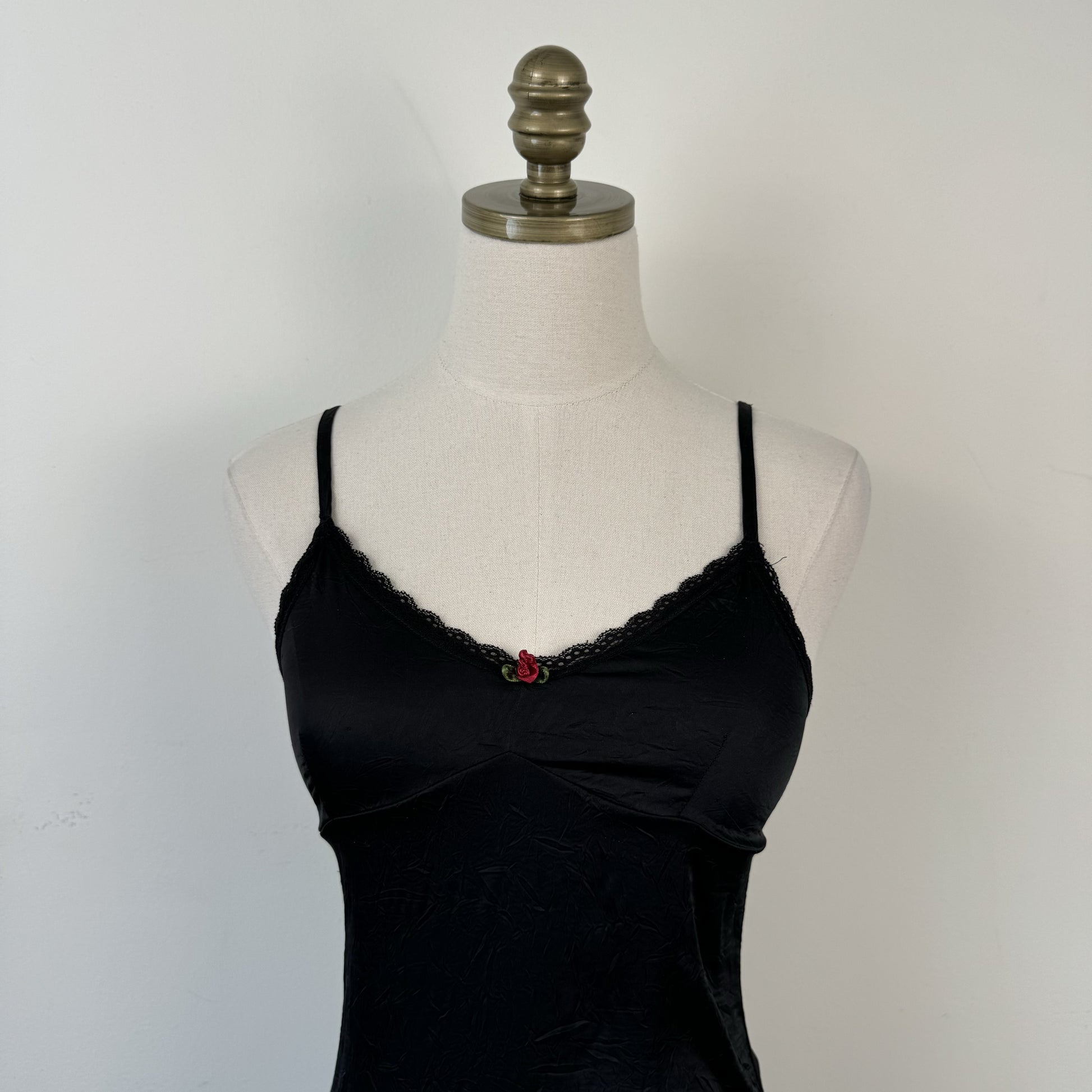 Y2K Black Satin Slip Dress with Rosette – view 2