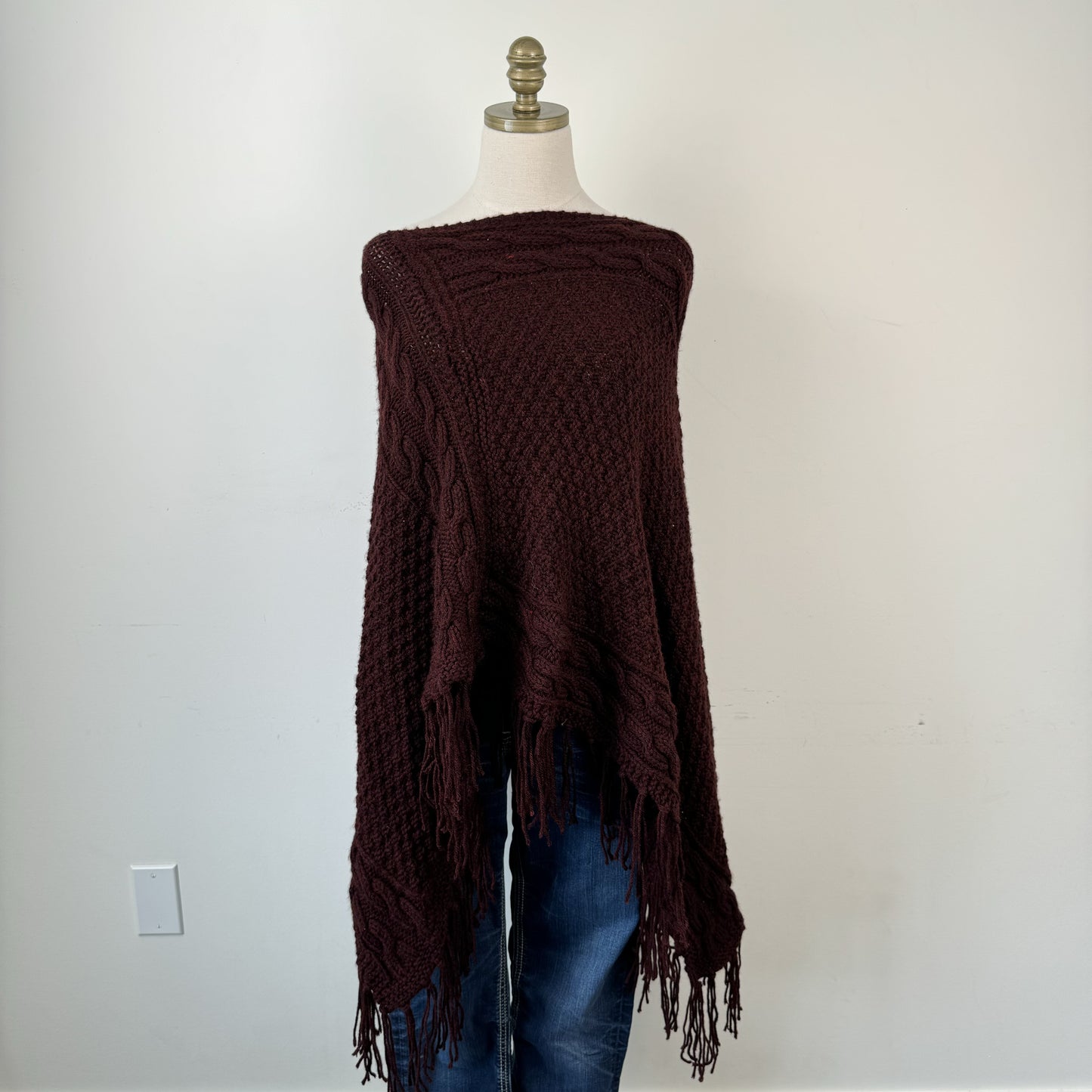 Dark Red Cable Knit Poncho – view 2