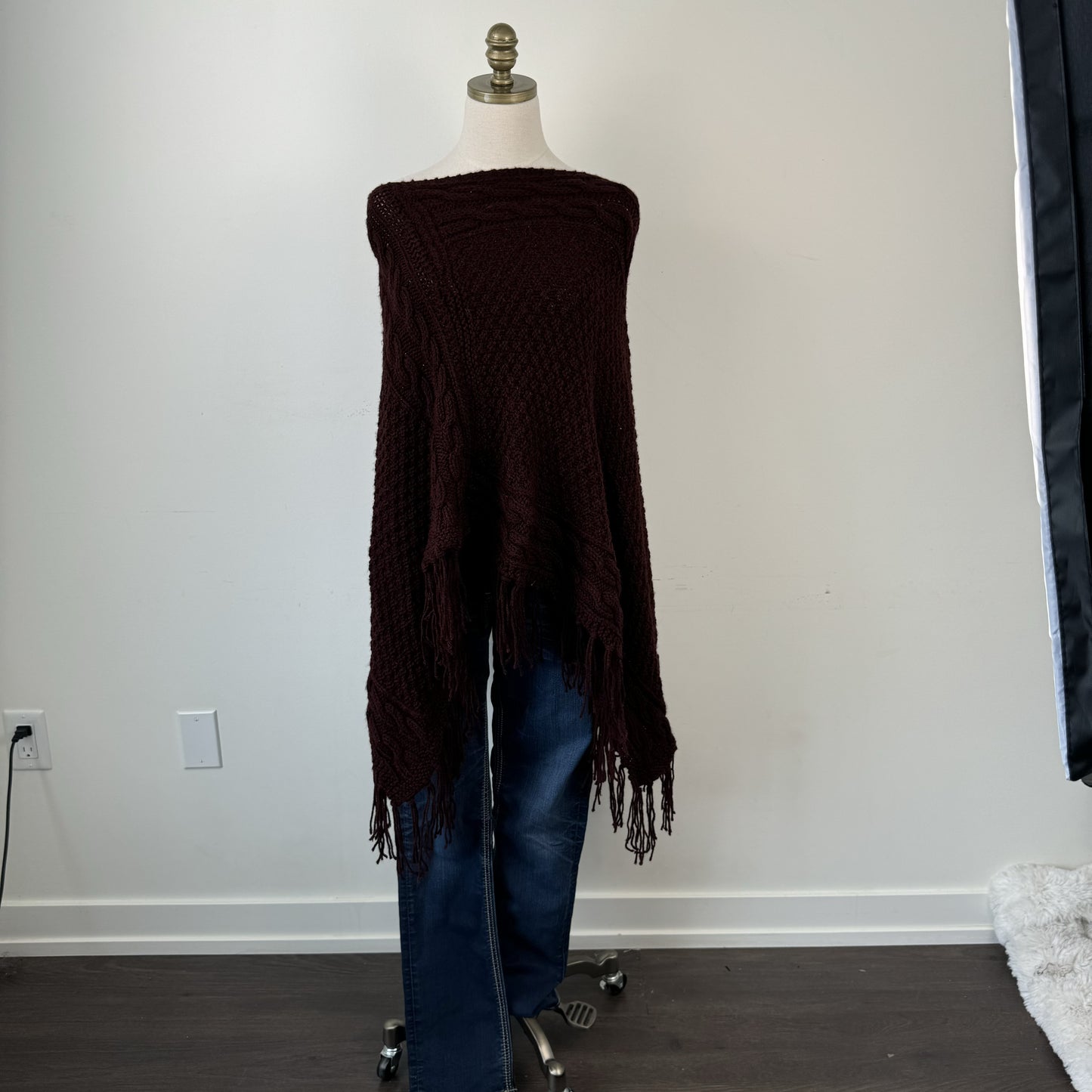 Dark Red Cable Knit Poncho – view 3