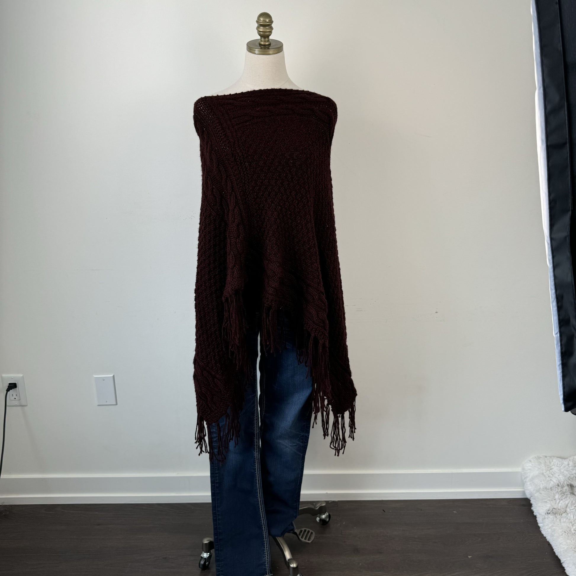 Dark Red Cable Knit Poncho – view 3