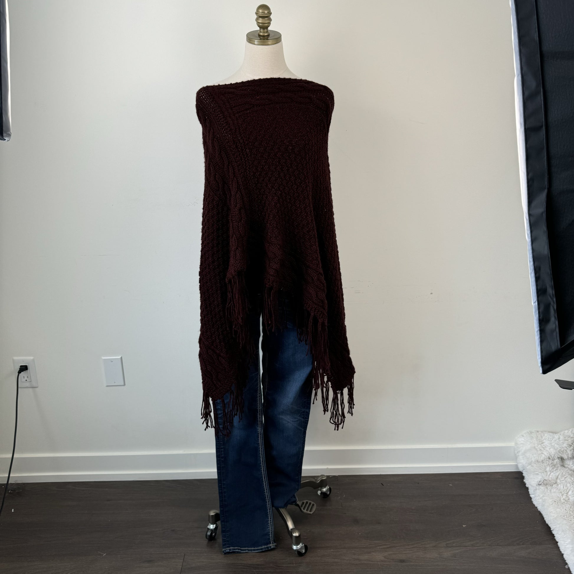 Dark Red Cable Knit Poncho – view 4