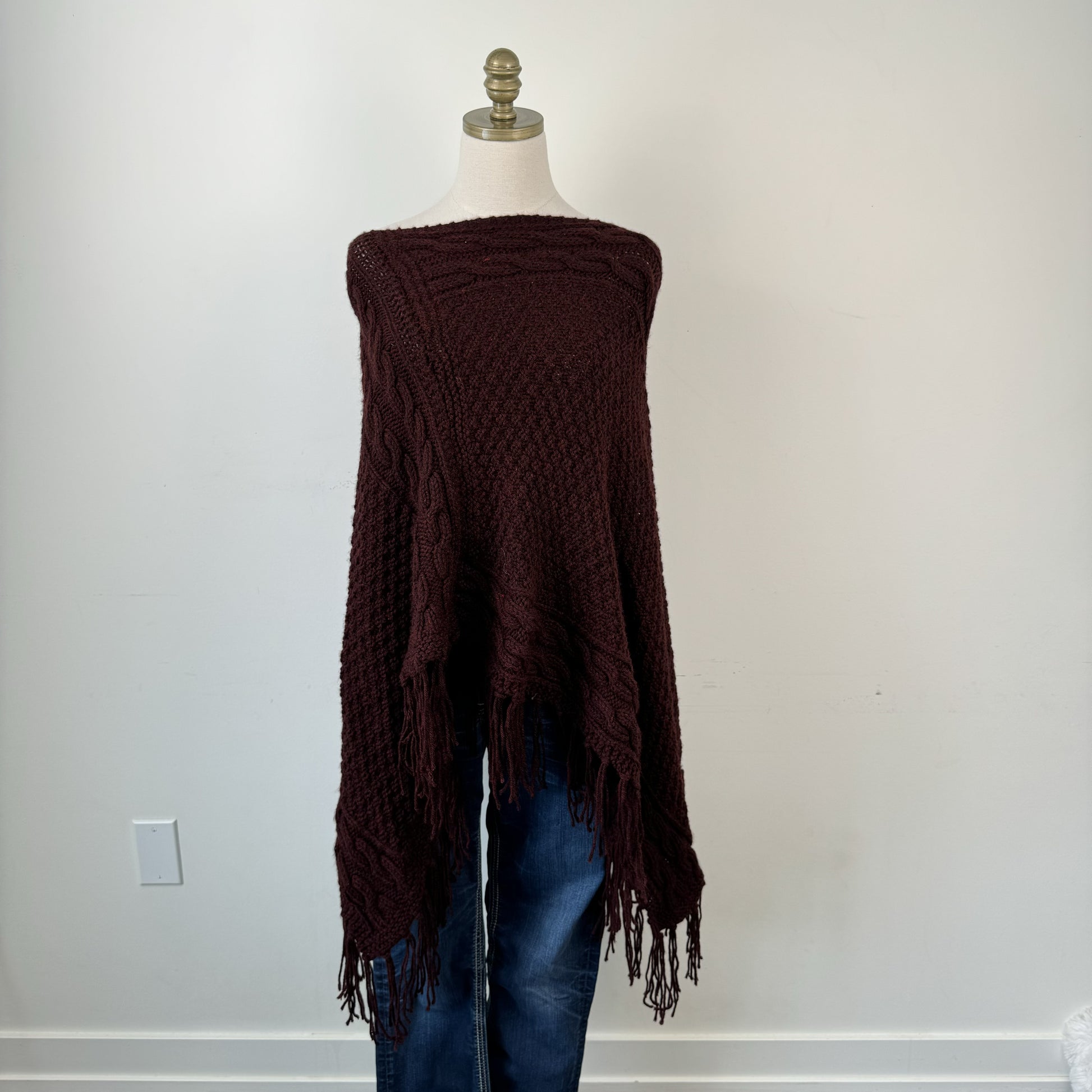 Dark Red Cable Knit Poncho – view 1