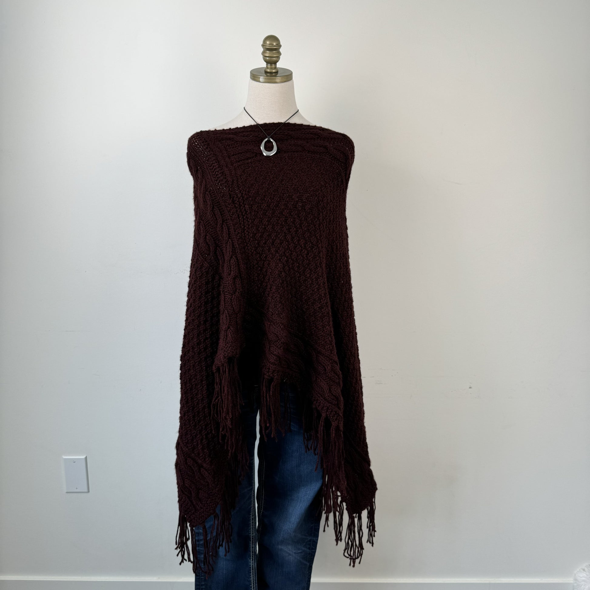 Dark Red Cable Knit Poncho – view 5