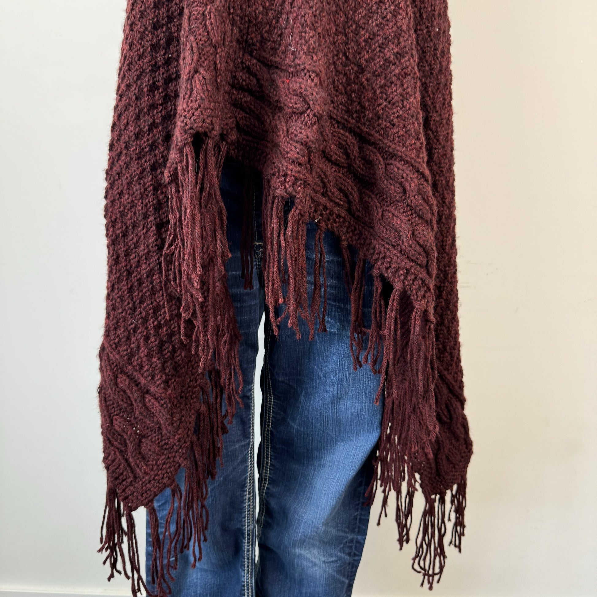 Dark Red Cable Knit Poncho – view 6