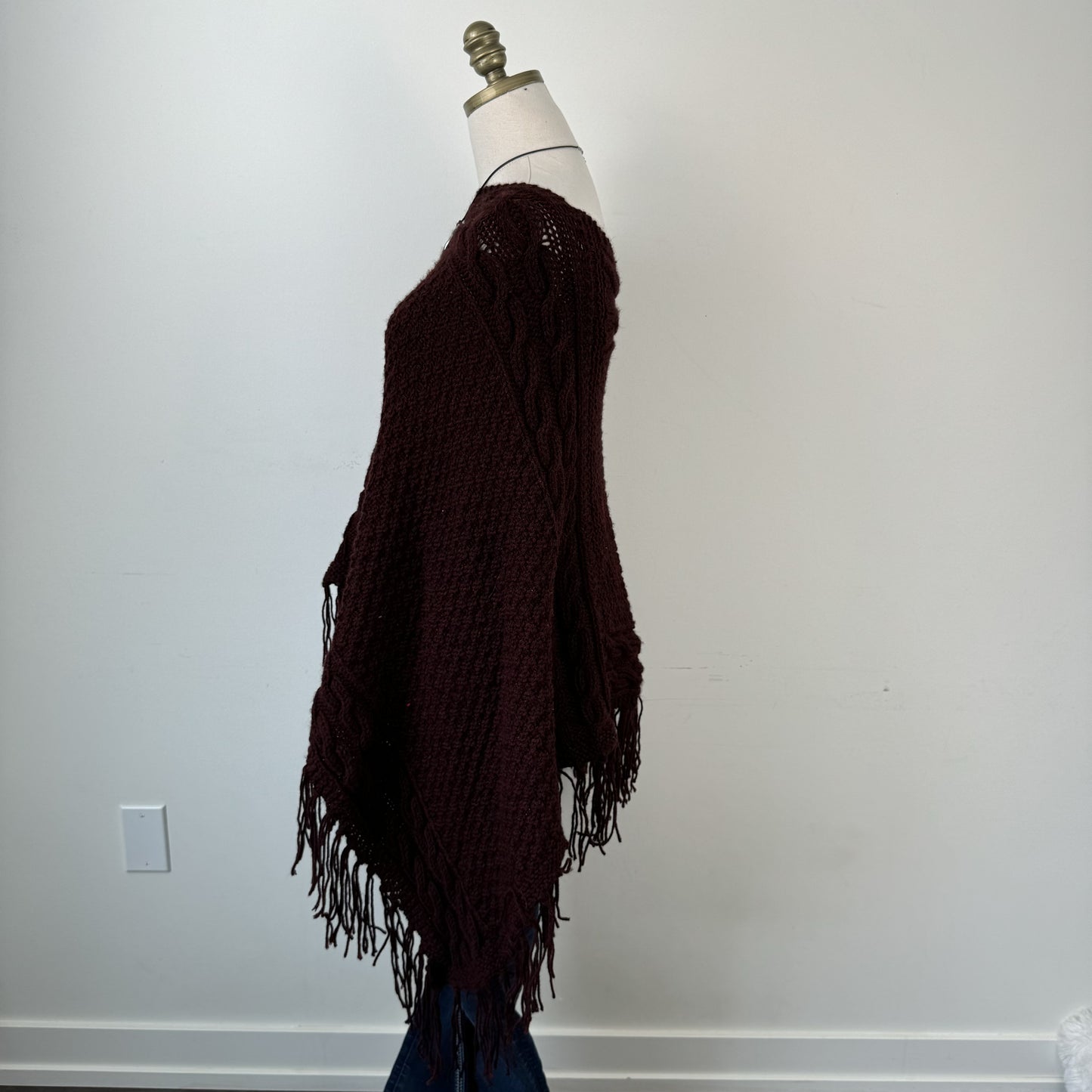 Dark Red Cable Knit Poncho – view 7