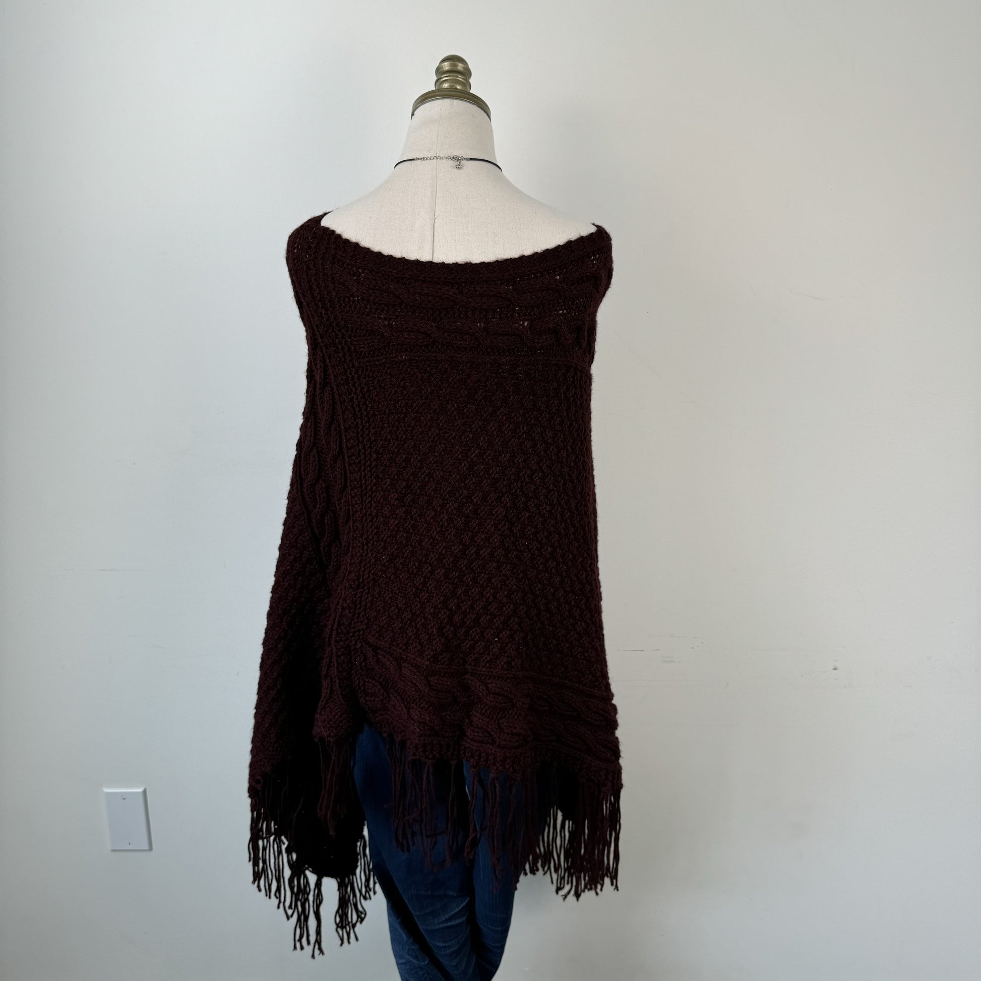 Dark Red Cable Knit Poncho – view 8