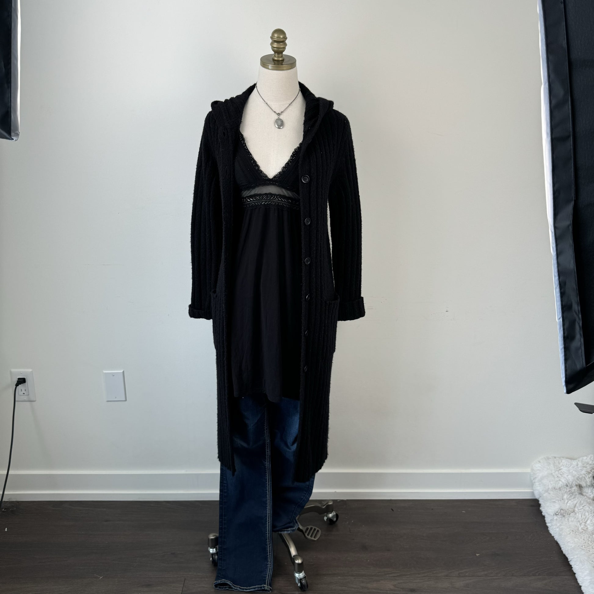 Vintage Black Fitted Button Up Maxi Cardigan – view 2