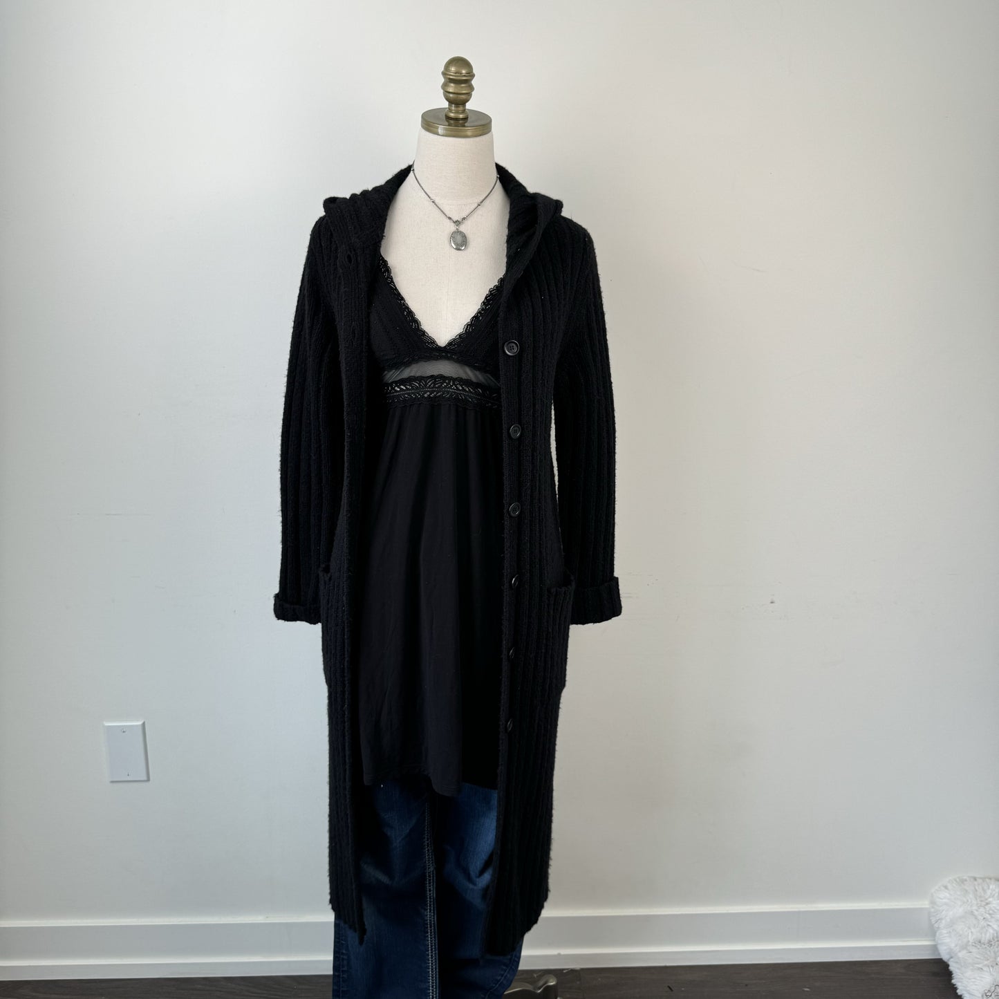 Vintage Black Fitted Button Up Maxi Cardigan – view 3