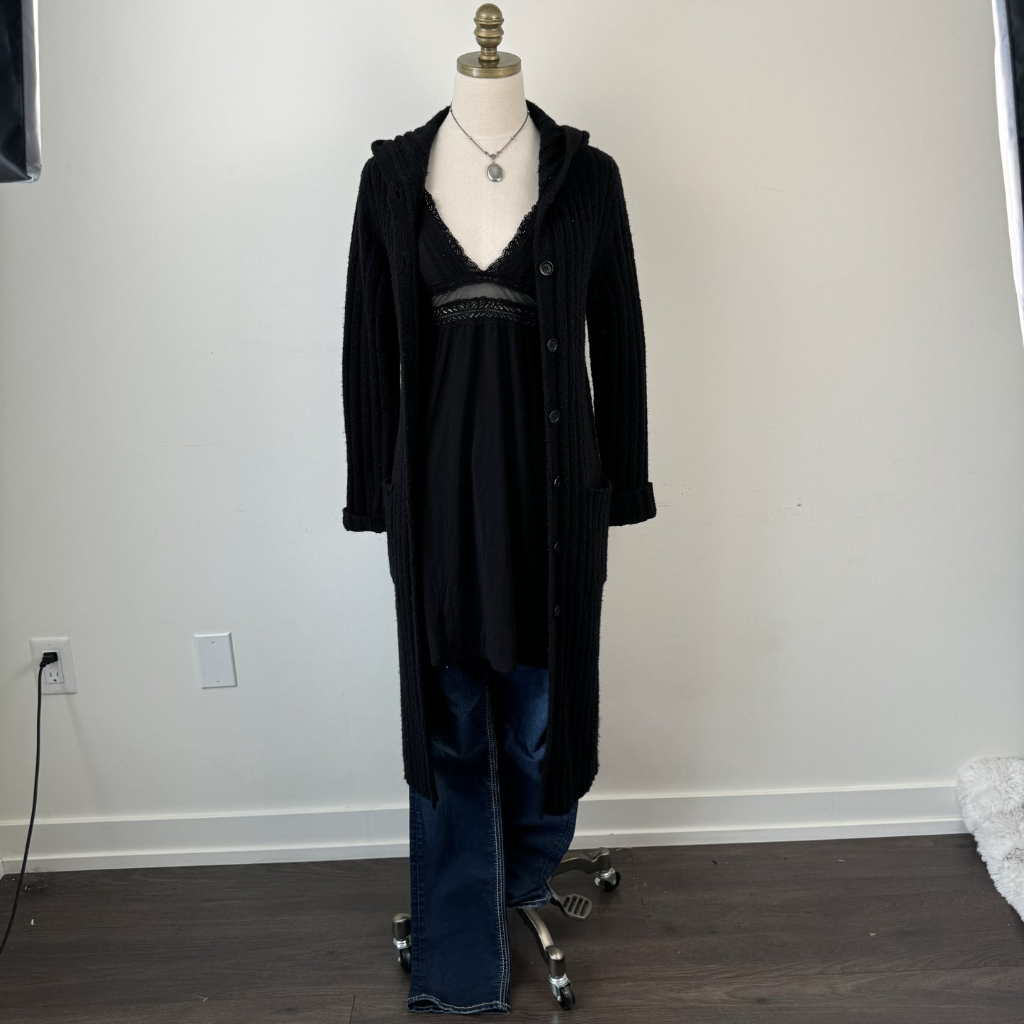 Vintage Black Fitted Button Up Maxi Cardigan – view 4