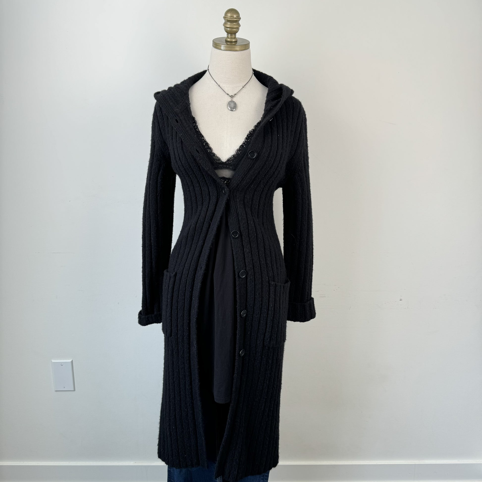 Vintage Black Fitted Button Up Maxi Cardigan – view 5