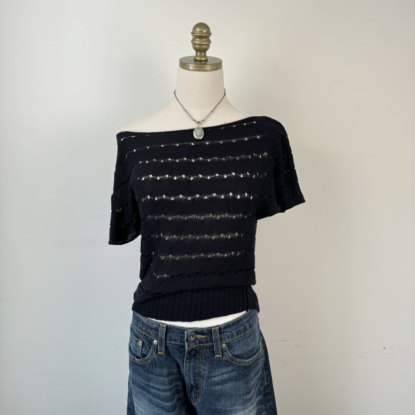 Black Off Shoulder Open Knit Top – view 2