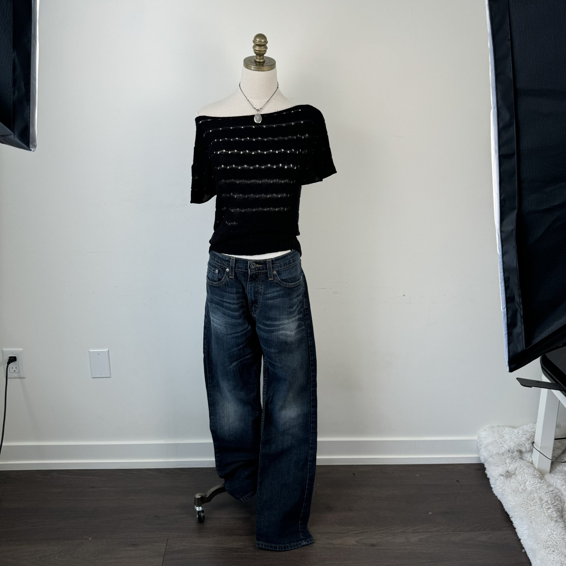 Black Off Shoulder Open Knit Top – view 3