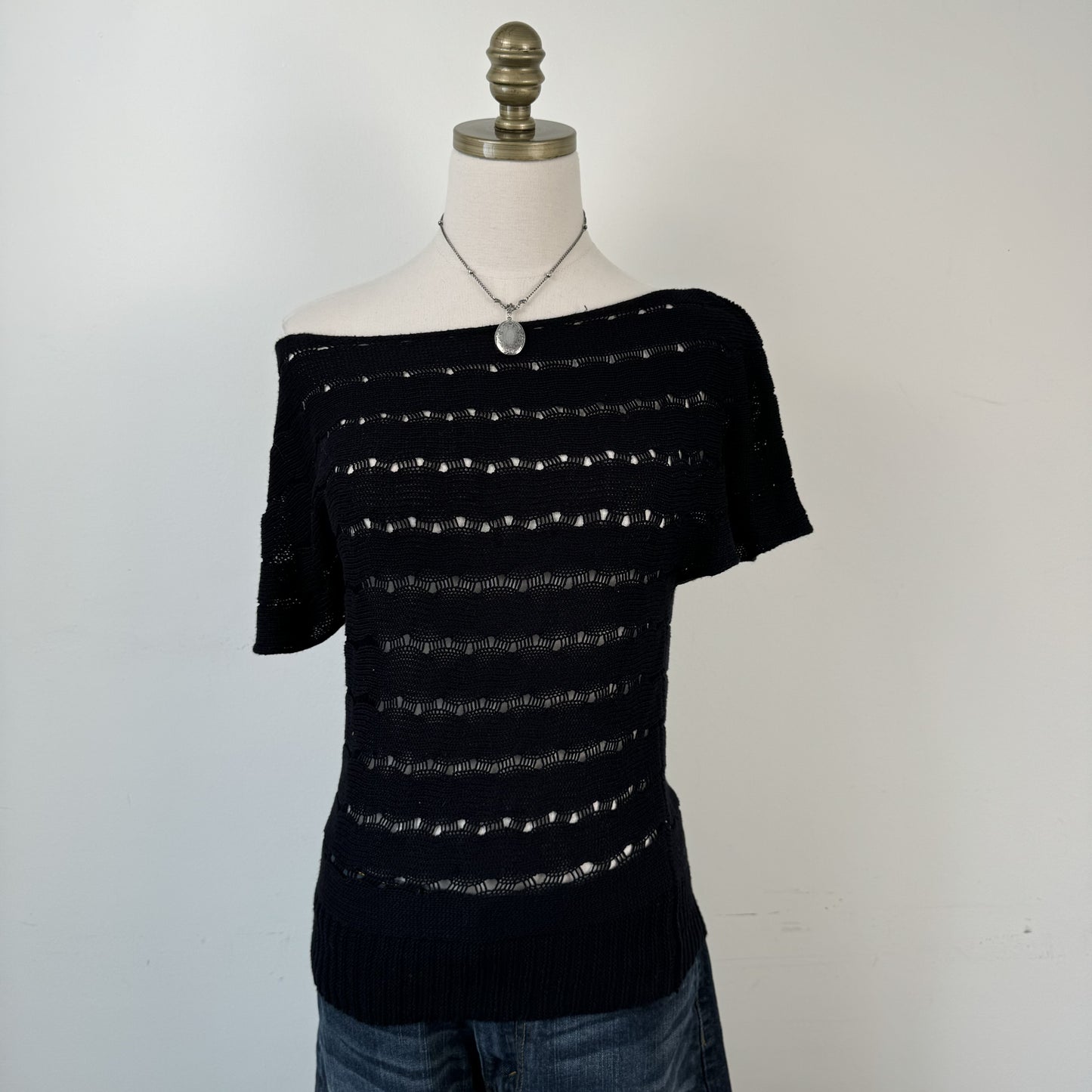 Black Off Shoulder Open Knit Top – view 4