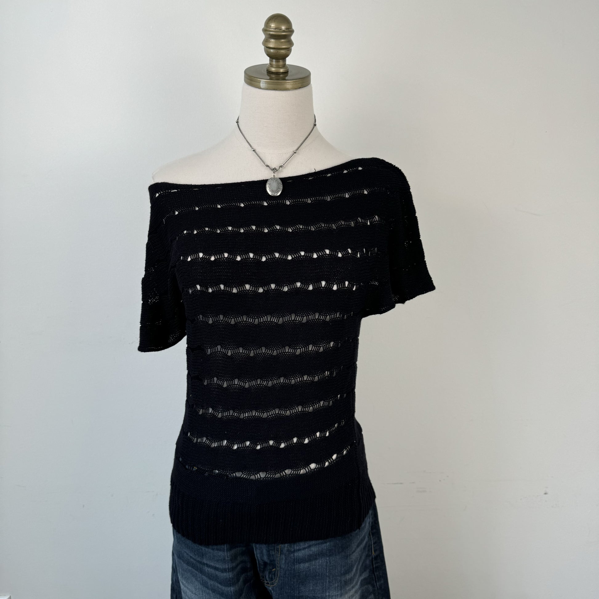 Black Off Shoulder Open Knit Top – view 5