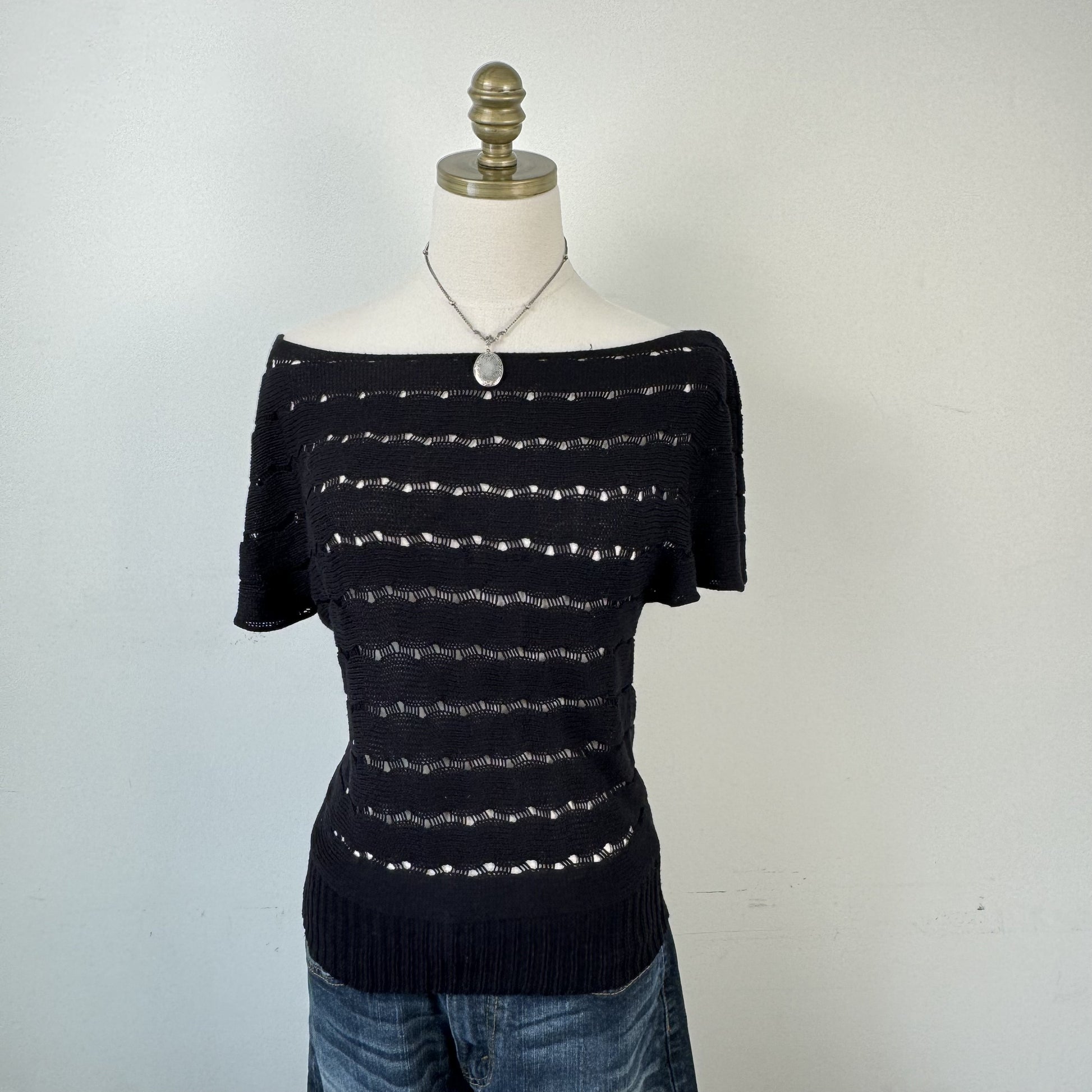 Black Off Shoulder Open Knit Top – view 6