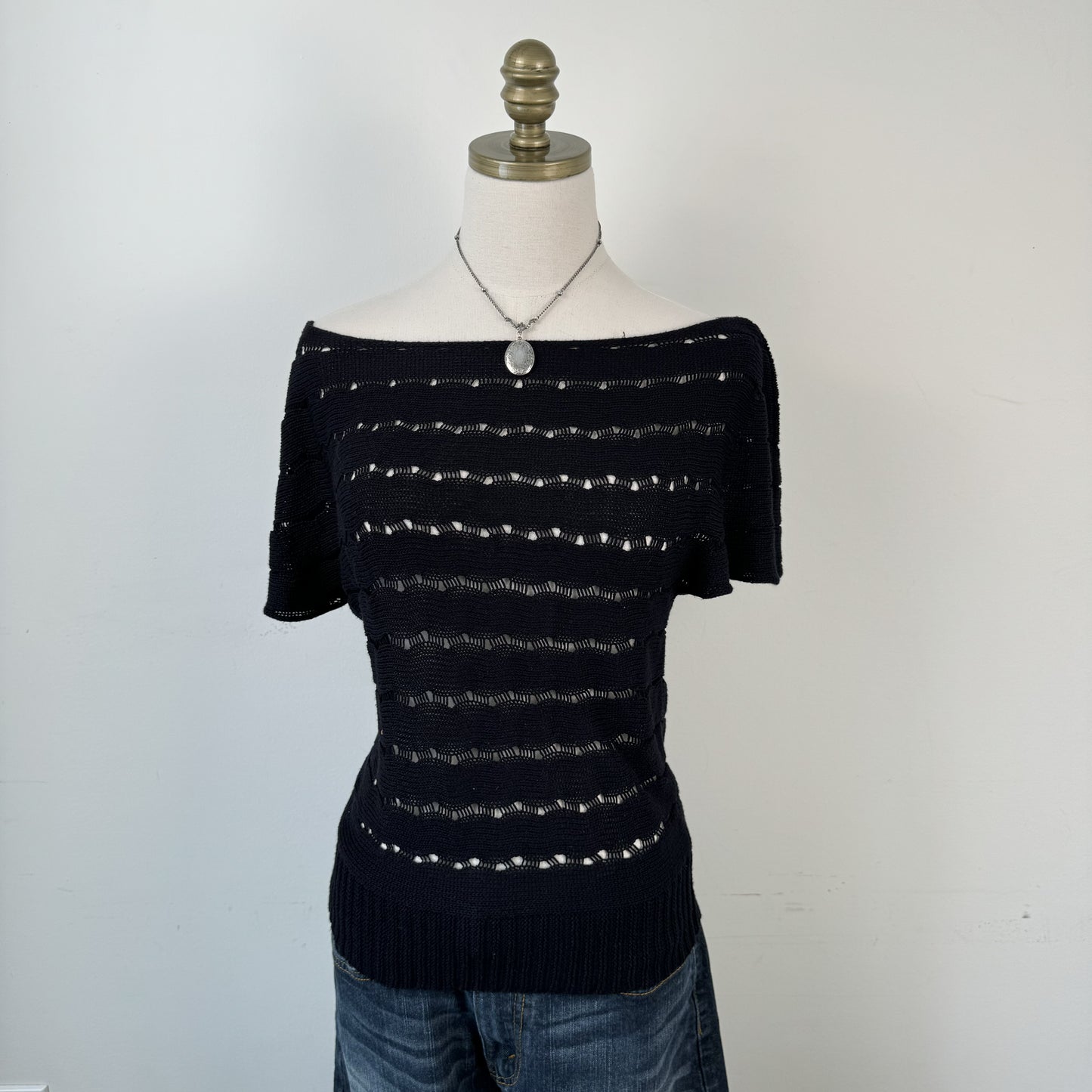 Black Off Shoulder Open Knit Top – view 1