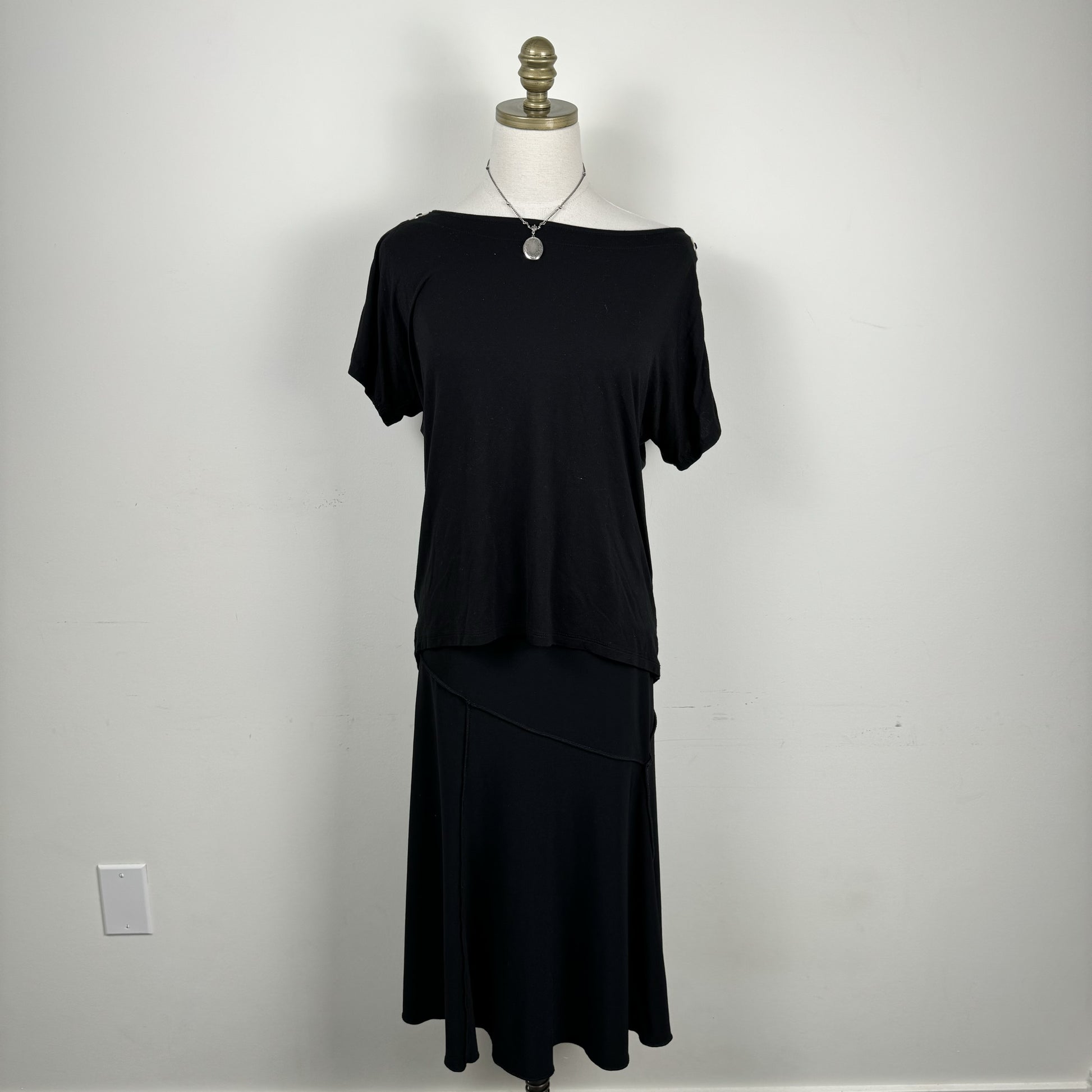 Black Off Shoulder Draped Top with Silver Eyelet Detail – view 1