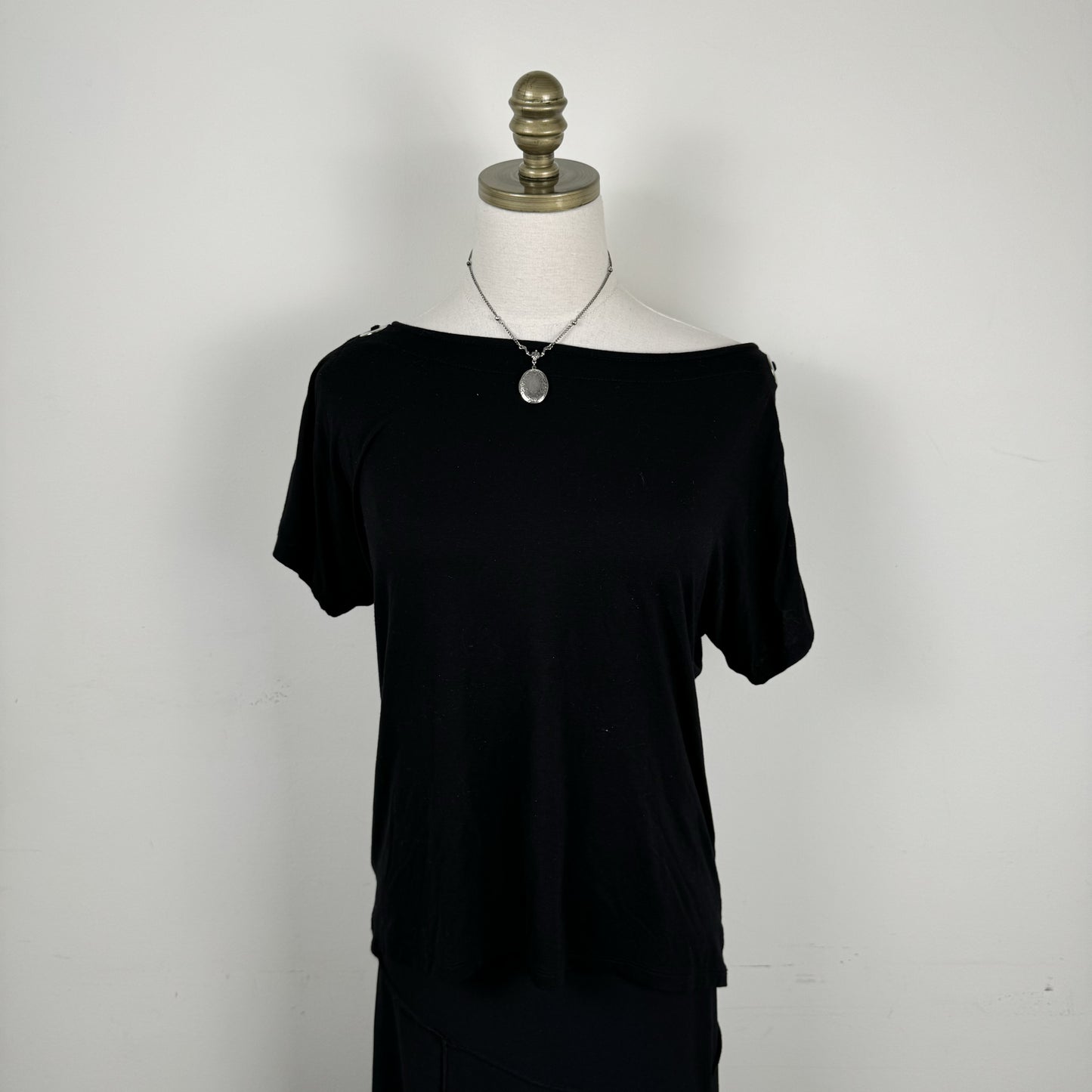 Black Off Shoulder Draped Top with Silver Eyelet Detail – view 2