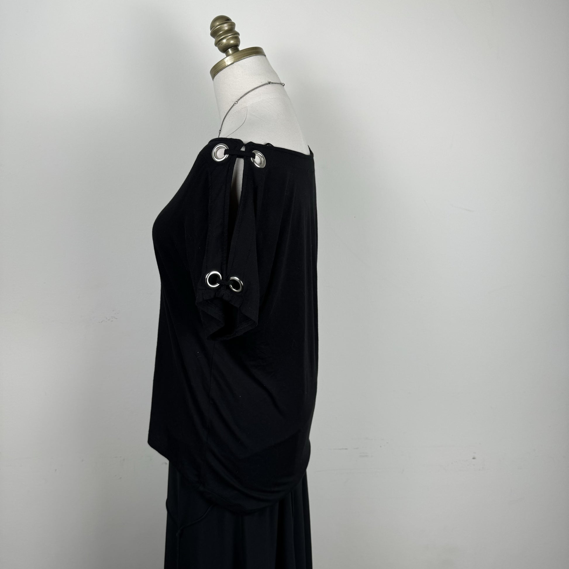 Black Off Shoulder Draped Top with Silver Eyelet Detail – view 3