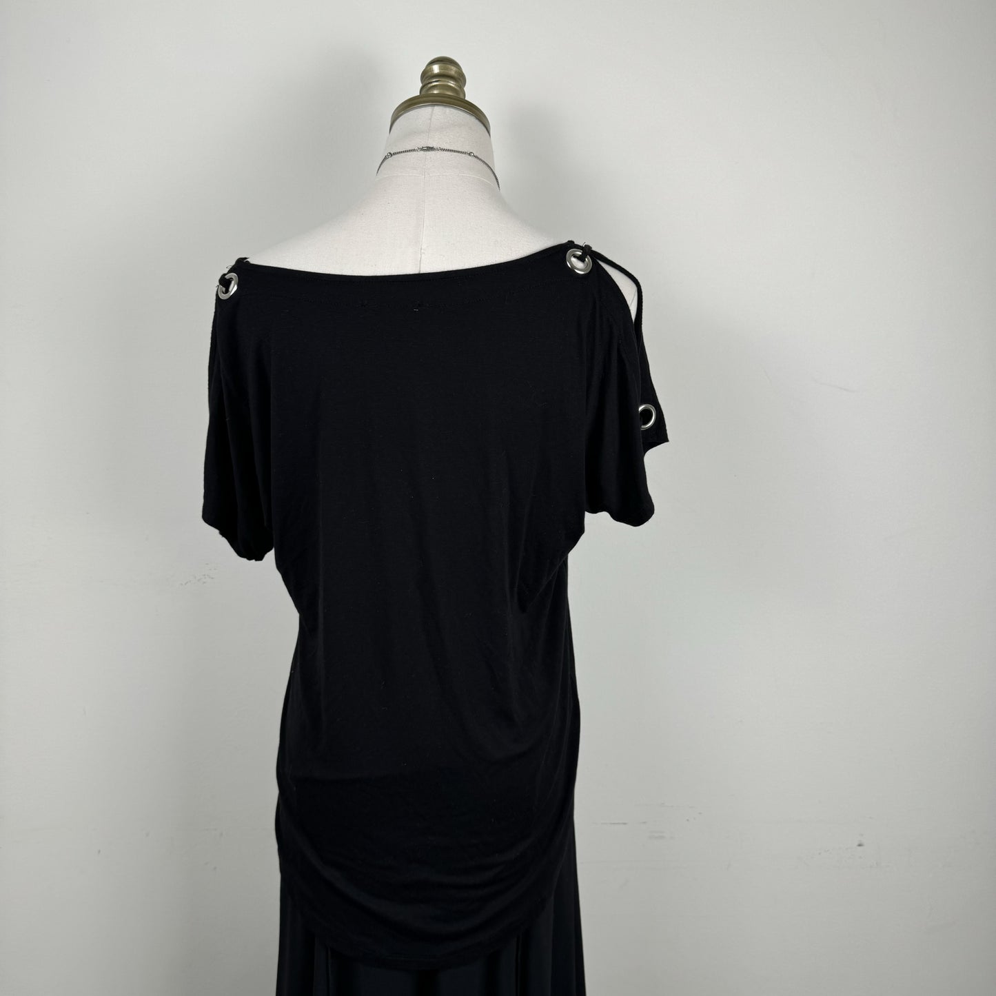 Black Off Shoulder Draped Top with Silver Eyelet Detail – view 4