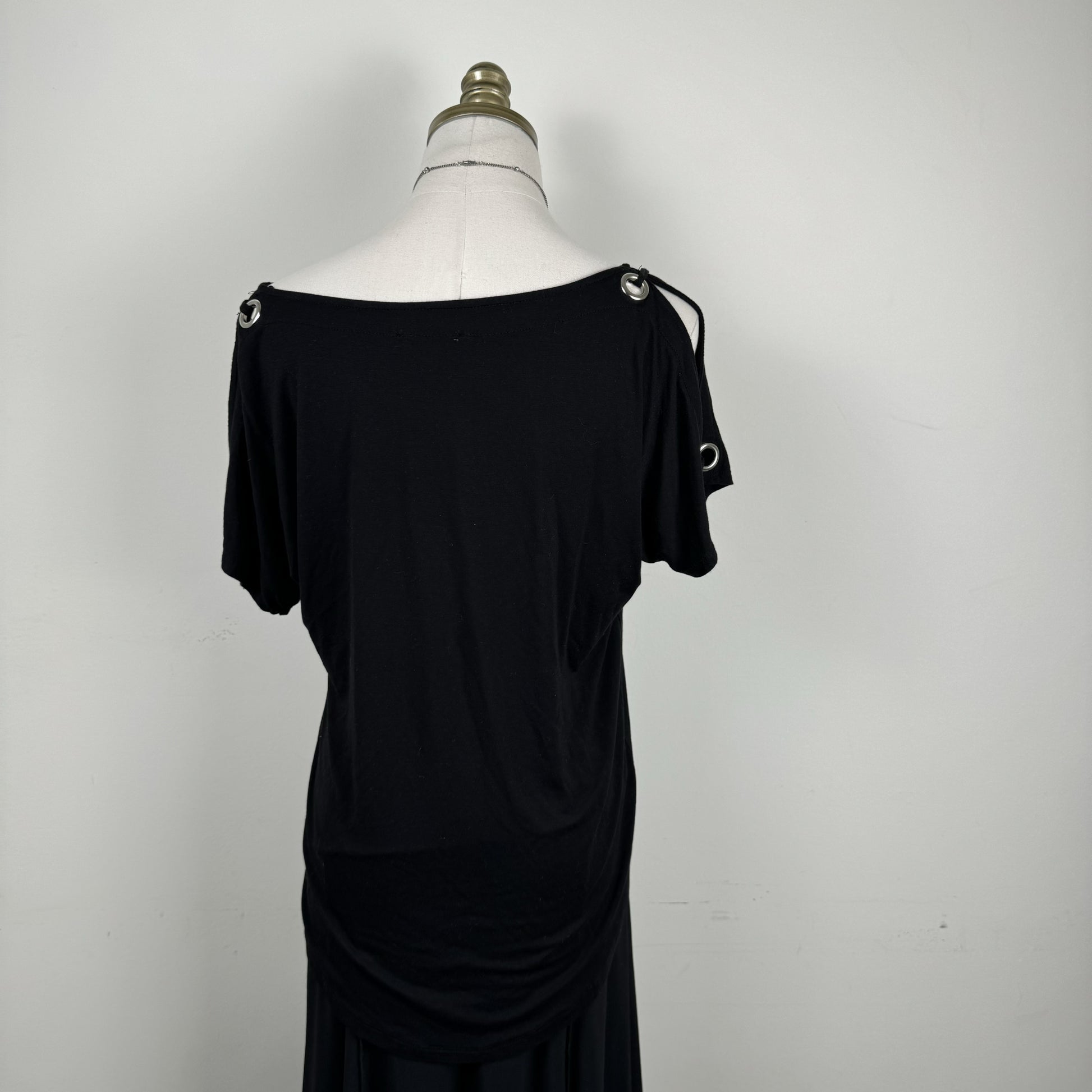 Black Off Shoulder Draped Top with Silver Eyelet Detail – view 4