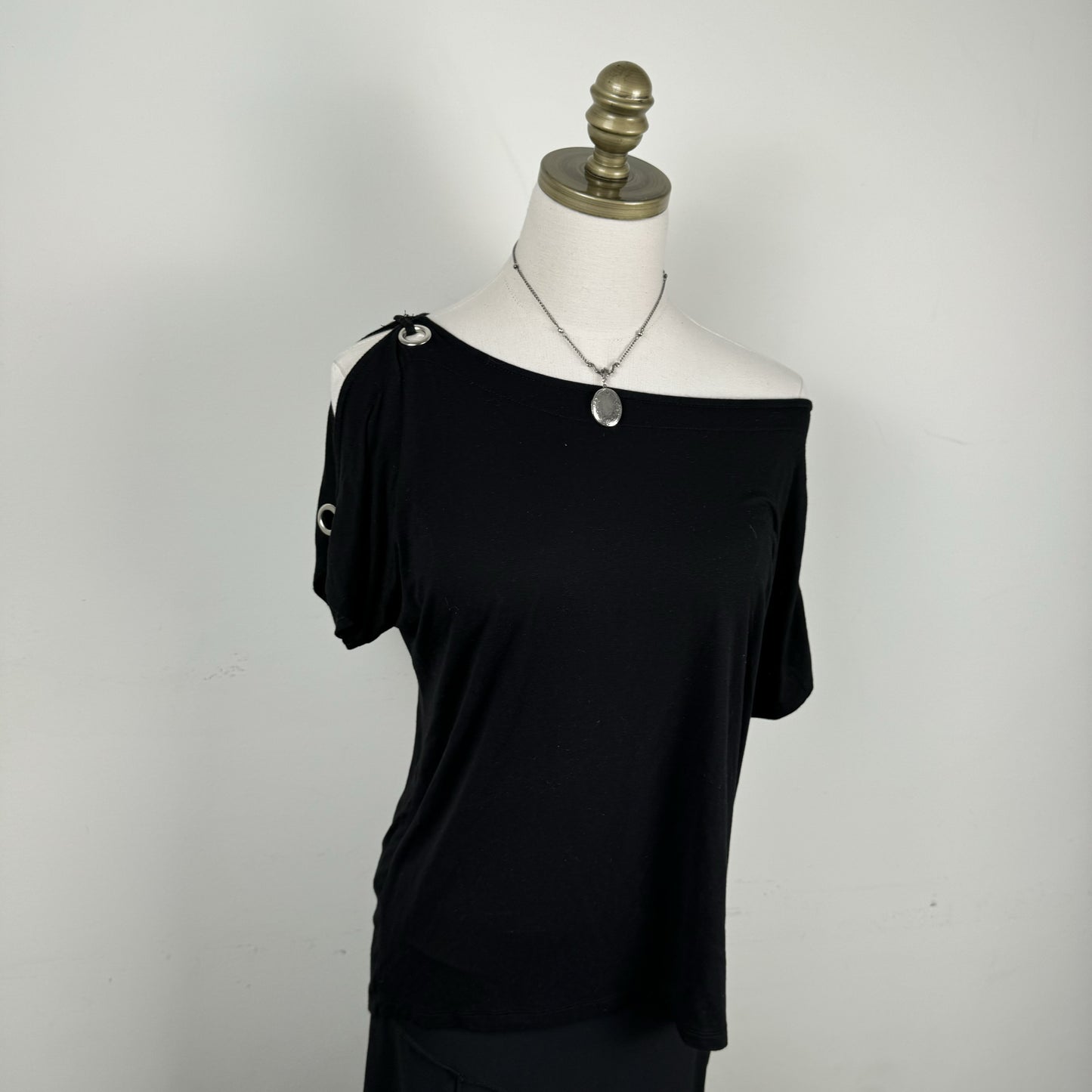 Black Off Shoulder Draped Top with Silver Eyelet Detail – view 5