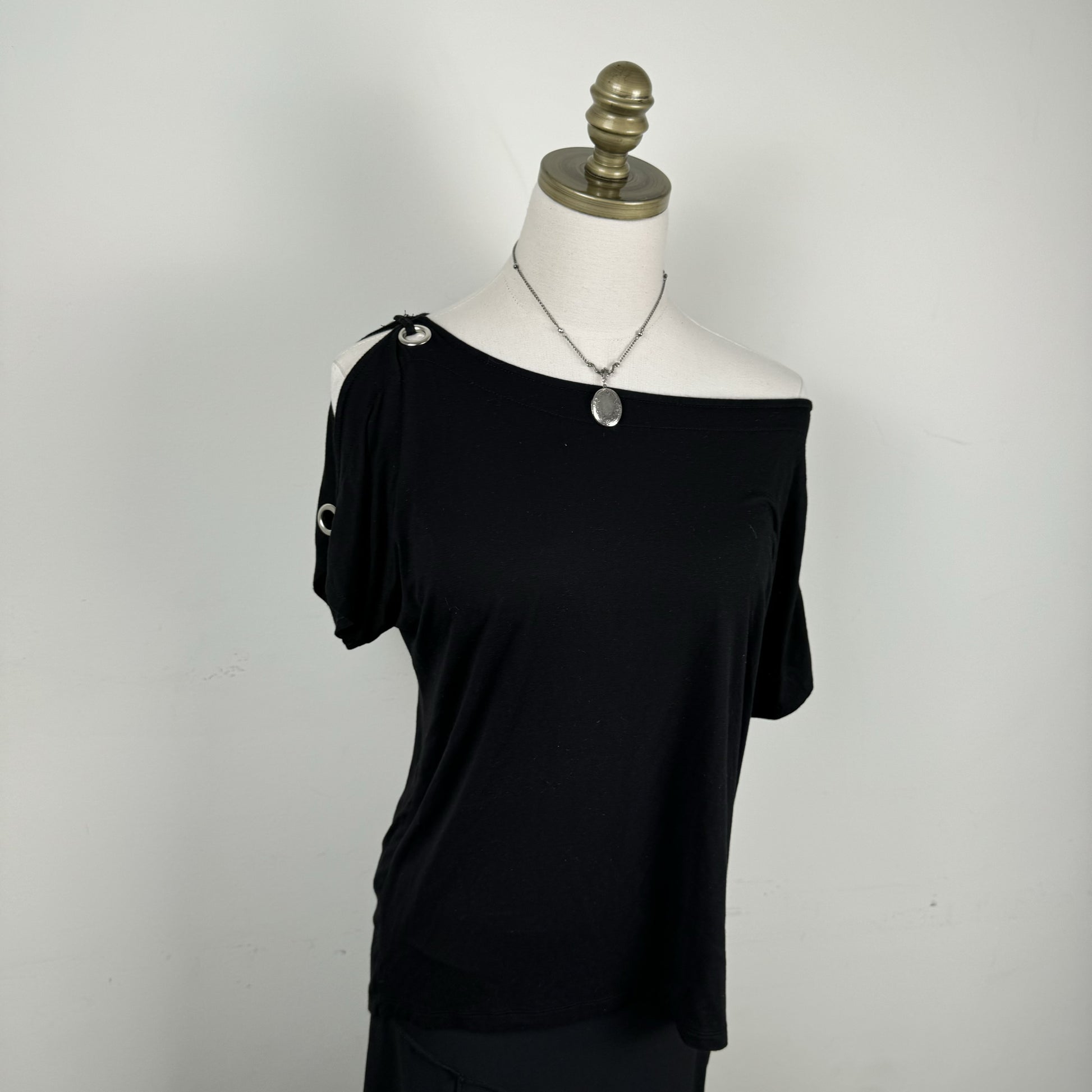 Black Off Shoulder Draped Top with Silver Eyelet Detail – view 5