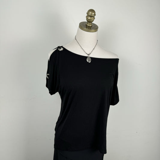 Black Off Shoulder Draped Top with Silver Eyelet Detail – view 5