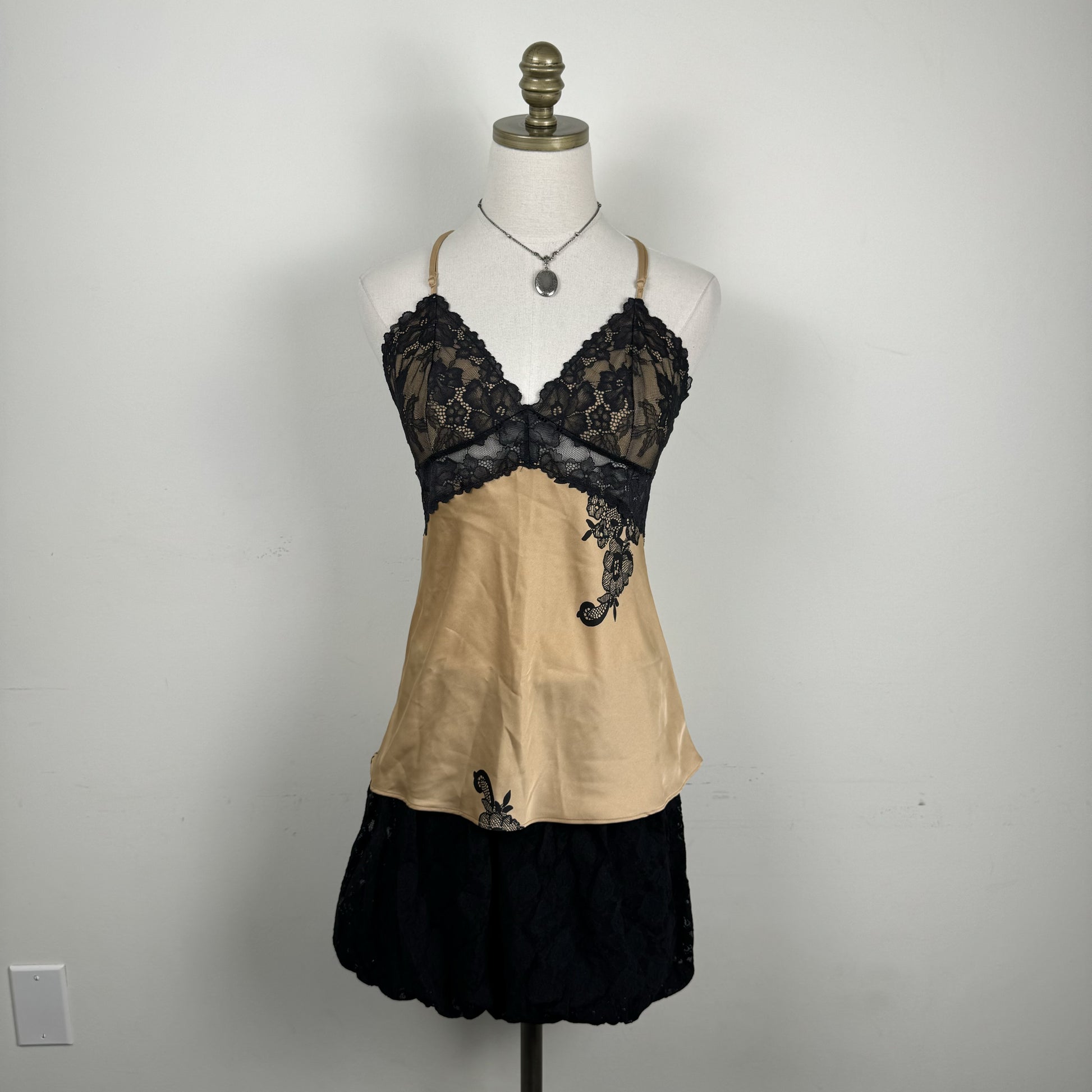 Nude and Black Lace Halter Babydoll Top – view 2