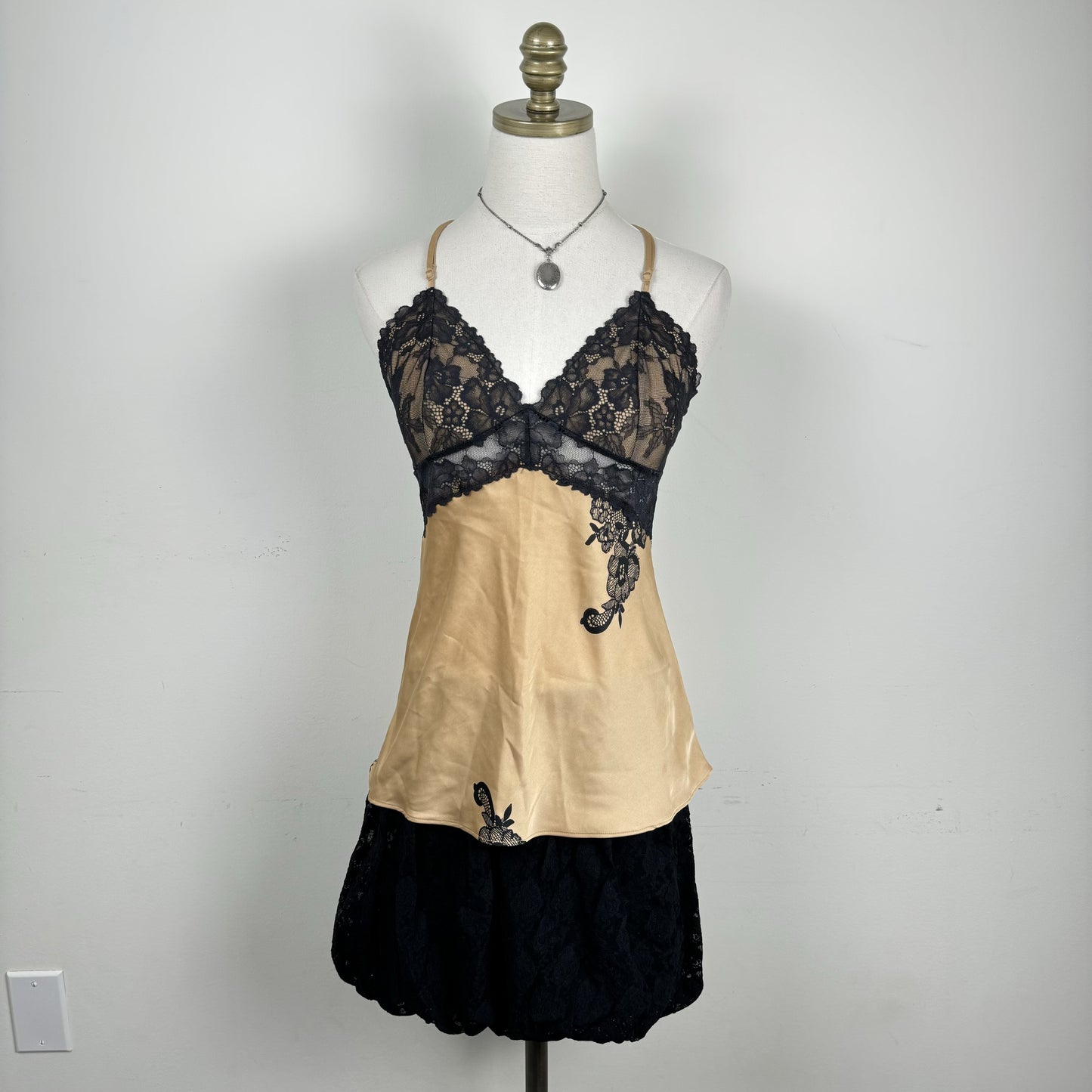 Nude and Black Lace Halter Babydoll Top – view 1