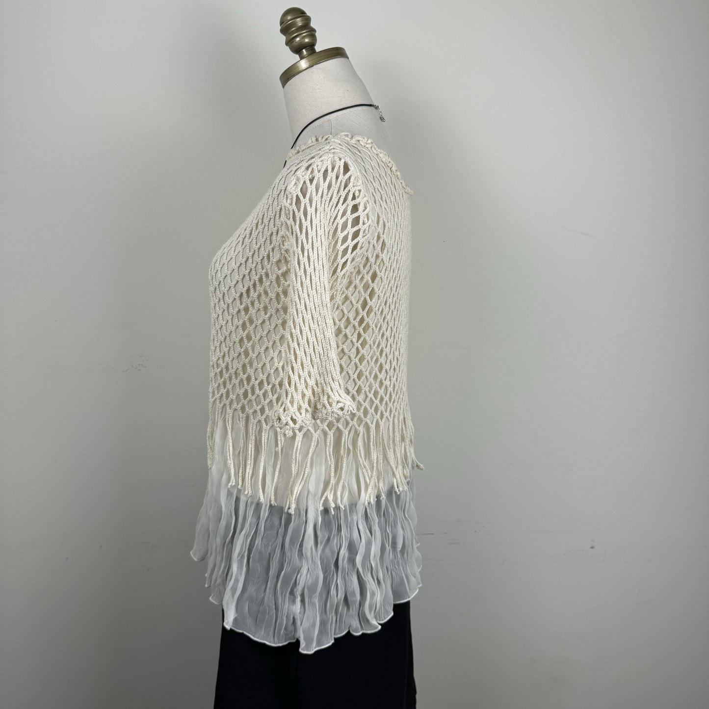 Cream Crochet Chiffon Fringe Short Sleeve Top – view 4