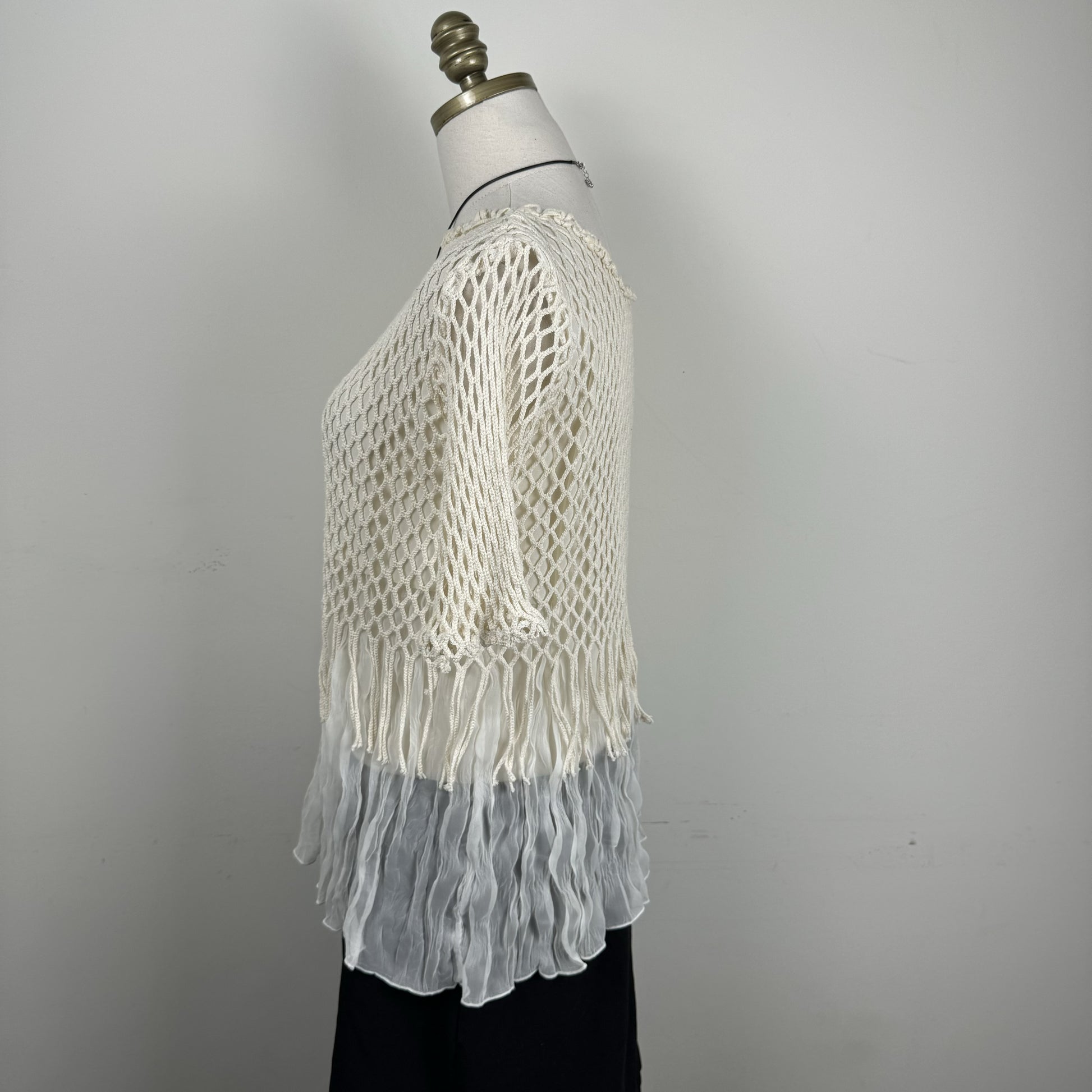 Cream Crochet Chiffon Fringe Short Sleeve Top – view 4