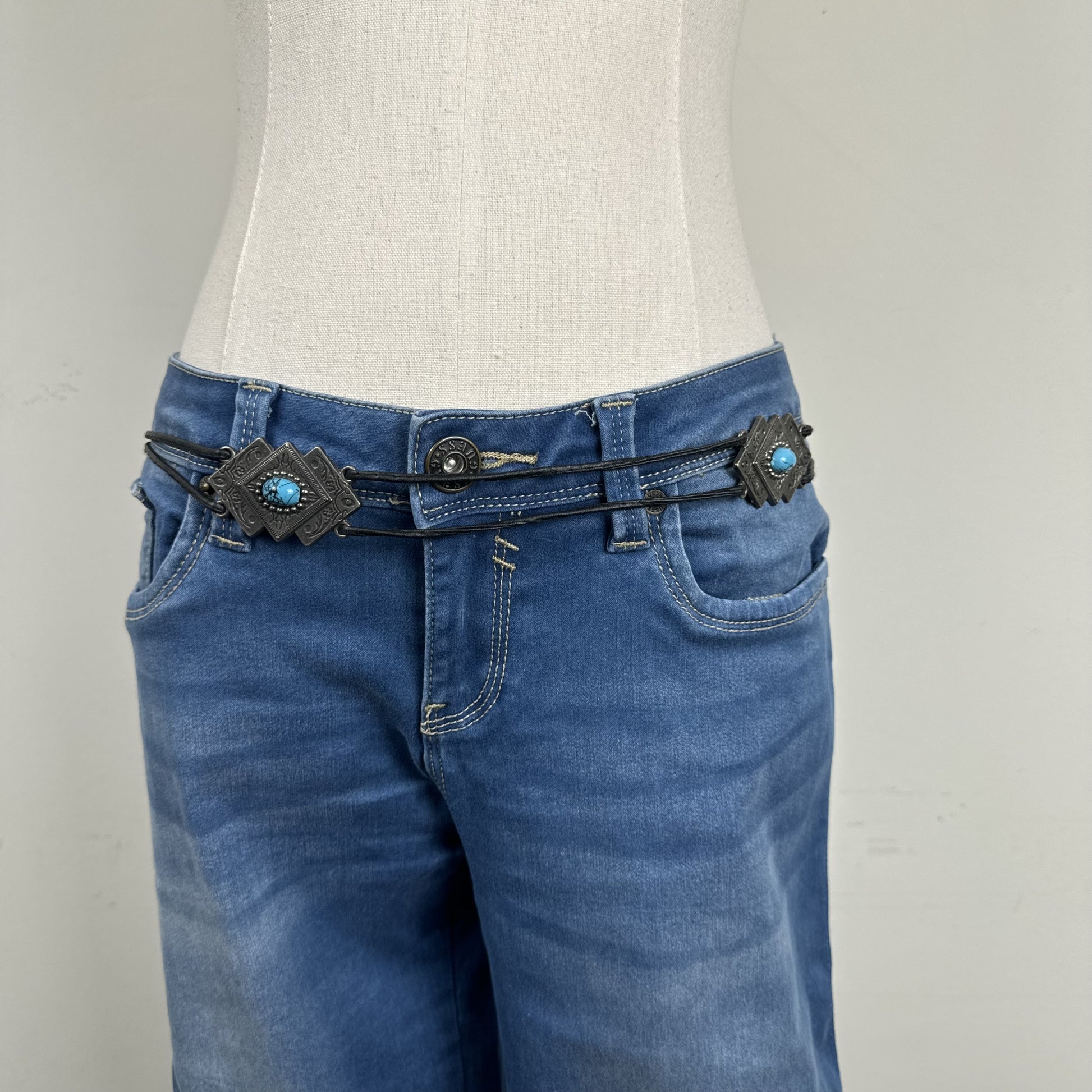 Black Boho Silver Rope Blue Gem Belt – view 1