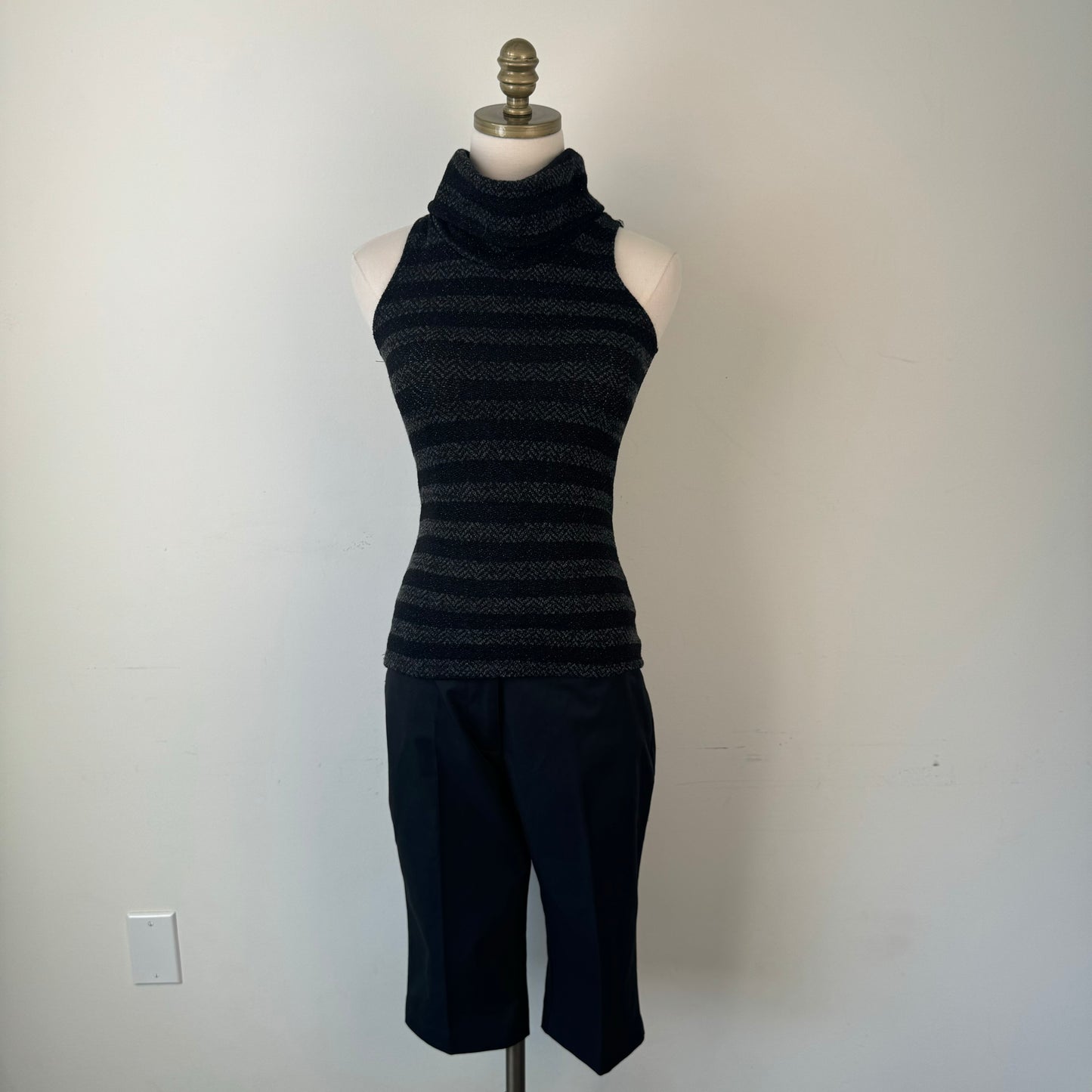 Black and Grey Striped Sleeveless Knit Turtleneck Top