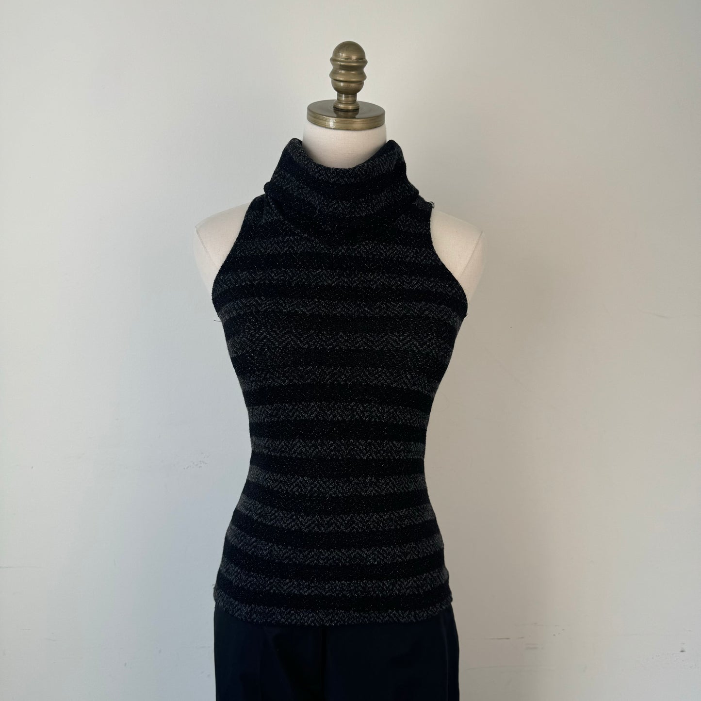 Black and Grey Striped Sleeveless Knit Turtleneck Top