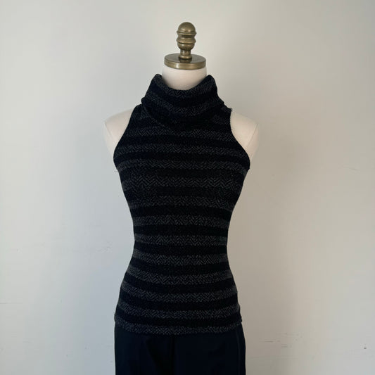 Black and Grey Striped Sleeveless Knit Turtleneck Top