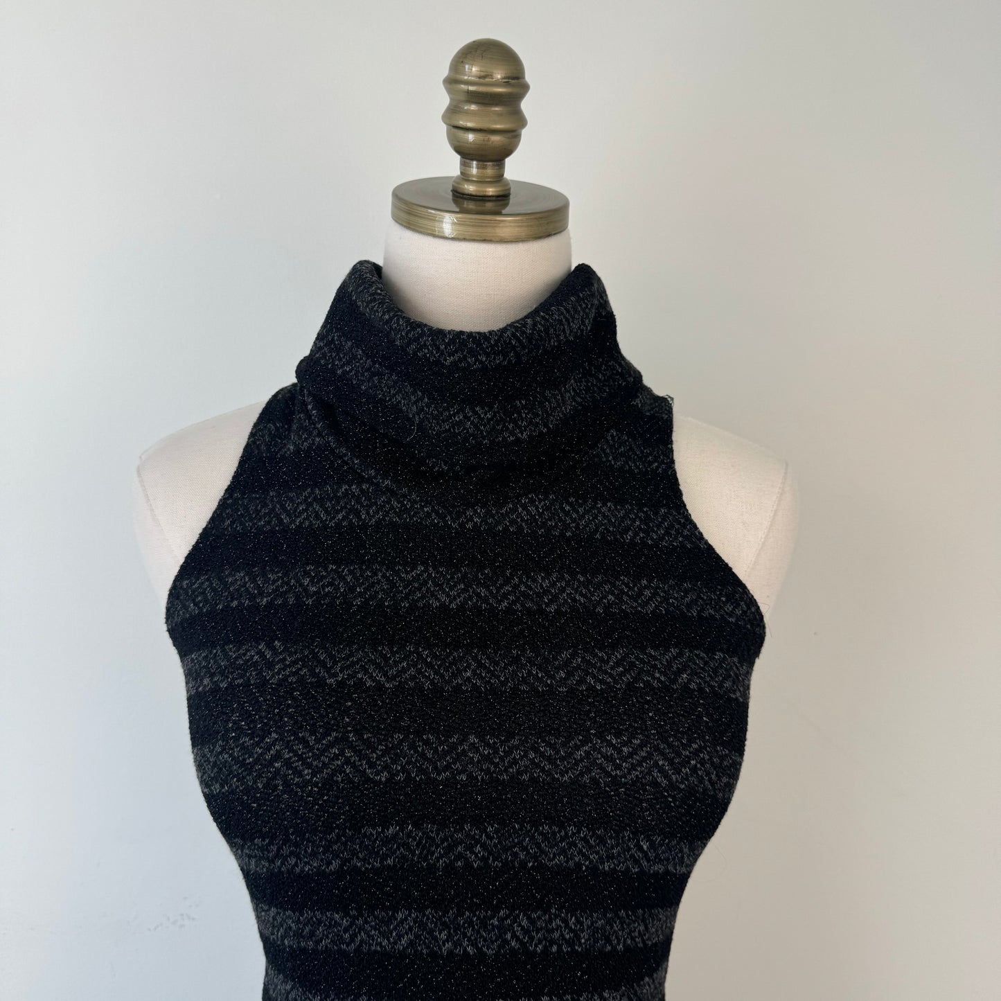 Black and Grey Striped Sleeveless Knit Turtleneck Top