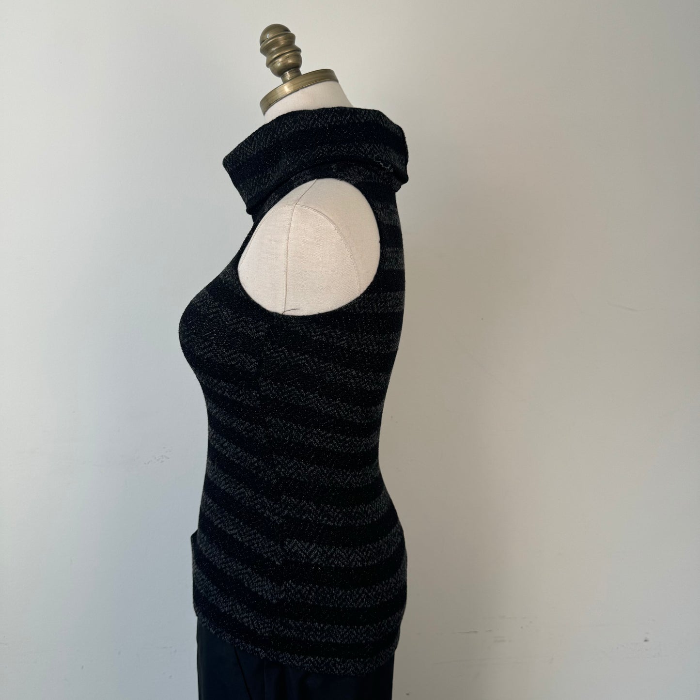 Black and Grey Striped Sleeveless Knit Turtleneck Top