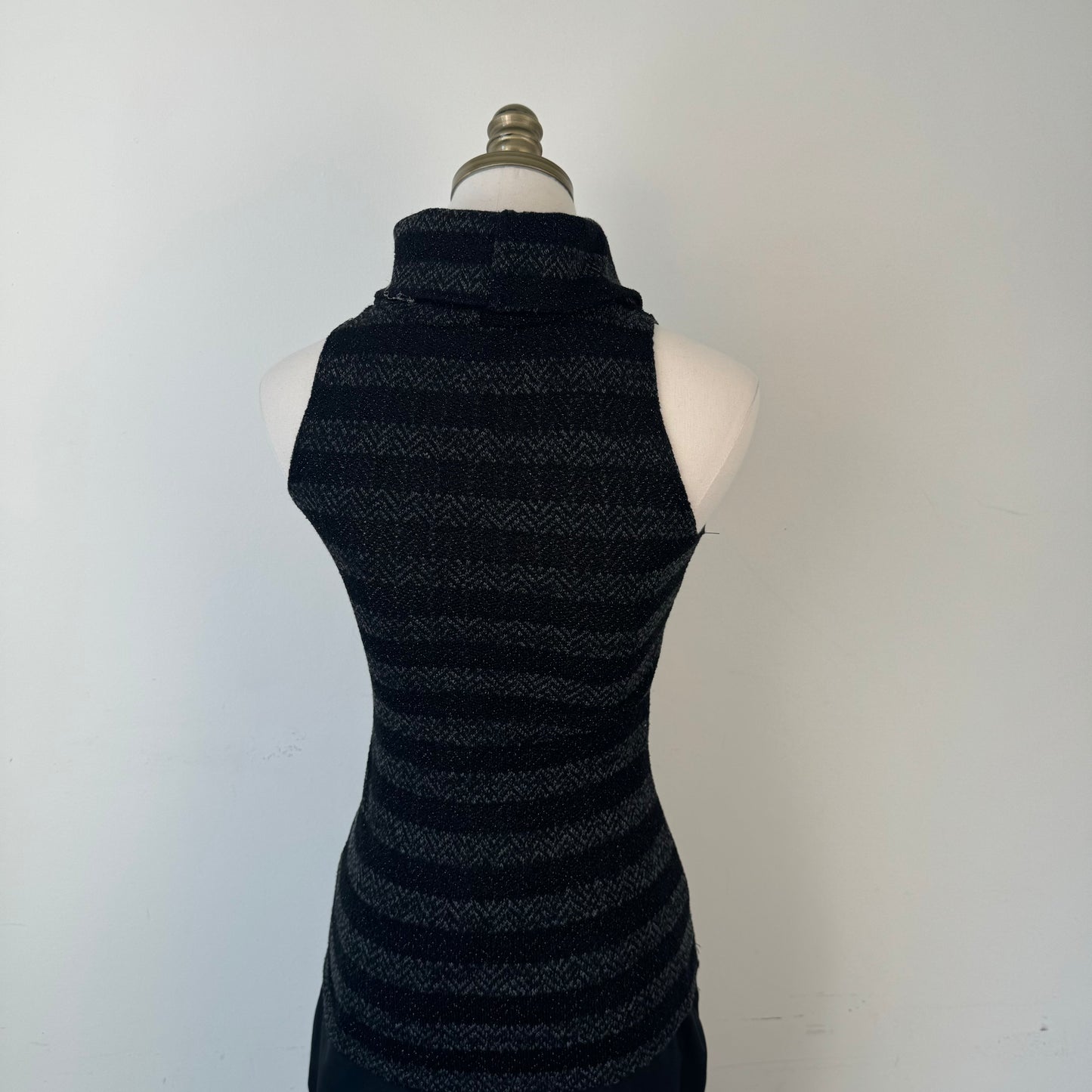 Black and Grey Striped Sleeveless Knit Turtleneck Top